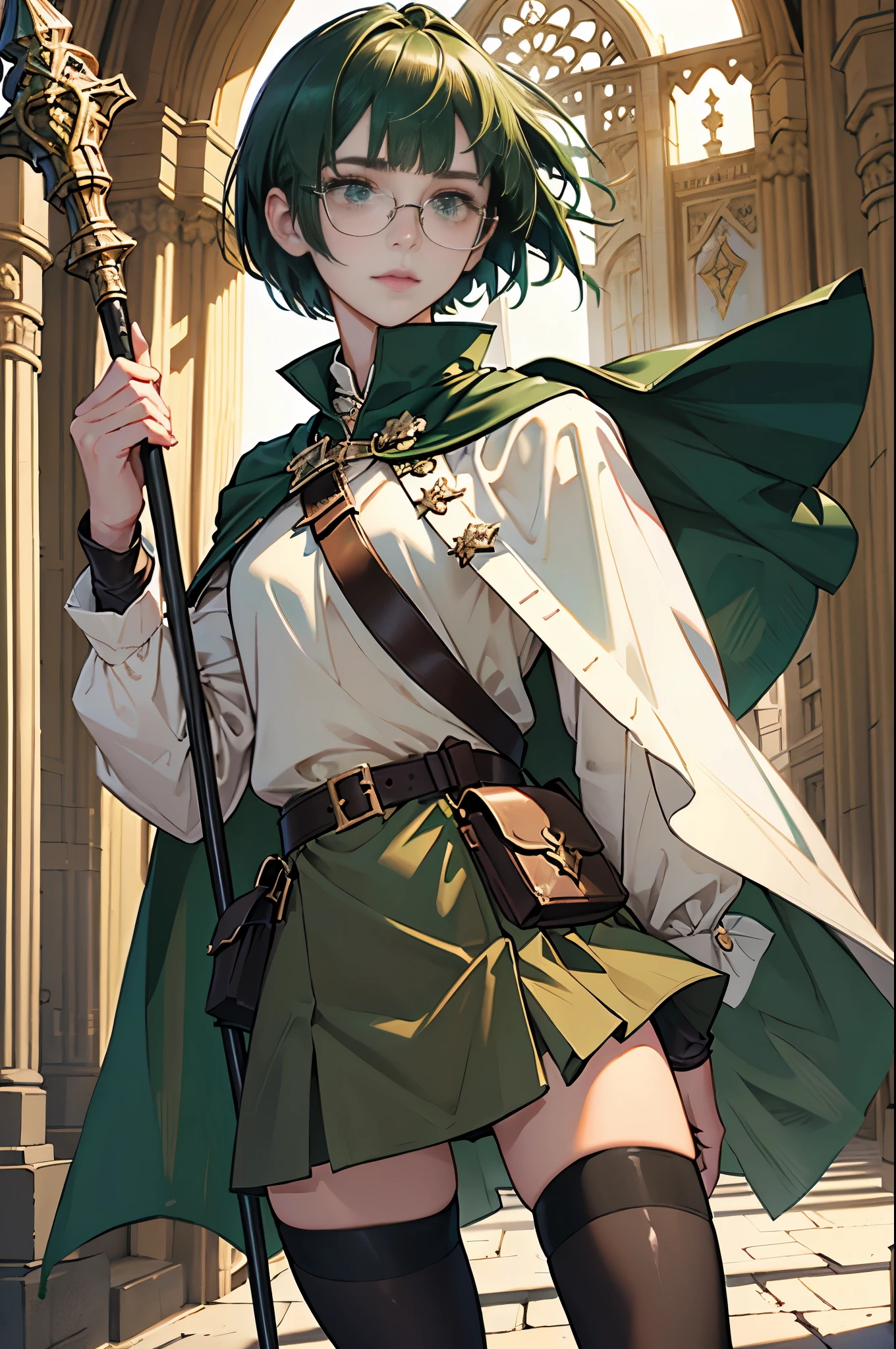 masterpiece, ultra detailed, 8k portrait, RAW photo, portrait photography, highly detailed face, beautiful and meticulous eyes, ((Fantasy)), Young beautiful, , (((girl))), dynamic pose, (((deep green bob hair))), blunt bangs, White skin color, glasses, Luxury, (((tunic and short skirt))), (((brown cape))), (((little waist hip pouch))), (((dark thigh high tights))), high cut leather boots, ((holding long magical staff)), Midday Sun, hyper realistic, slender body, flat chest, Long legs, on the medieval road, Ambient lighting, Shadow details , Camera focus on face, strong breeze, Light fog