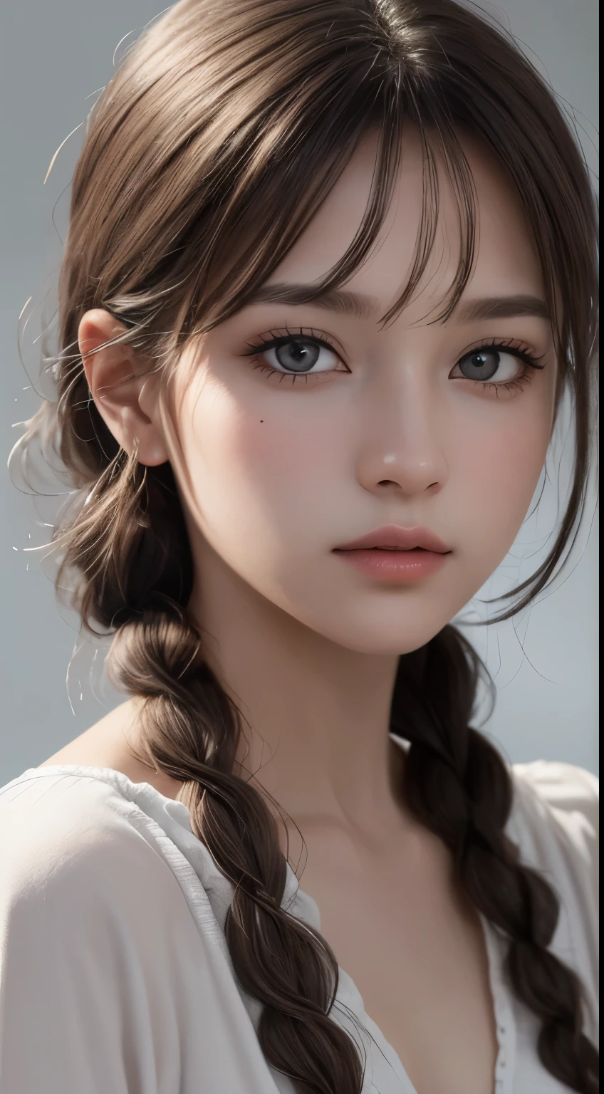(photograph:1.2)、(photorealistic:1.3)、(masterpiece:1.3)、(Highest image quality:1.4)、ultra high resolution、realistic eyes、 (detailed eyes)、(detailed facial features)、(Detailed garment features)、8K resolution、solo focus、26 year old cute woman、small face、Detailed leal beautiful eyes、bangs、gold hair、long cut hair, braided  hair、(realistic skin)、beautiful skin、charming、ultra high resolution、Super realistic、High definition、Camisa branca aberta,middlebre、small breasts、bust B cup、cinematic lighting、perfect、soft light、High resolution skin:1.2、realistic skin texture、