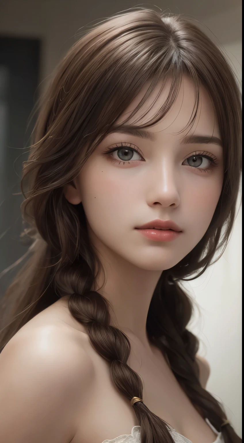 (photograph:1.2)、(photorealistic:1.3)、(masterpiece:1.3)、(Highest image quality:1.4)、ultra high resolution、realistic eyes、 (detailed eyes)、(detailed facial features)、(Detailed garment features)、8K resolution、solo focus、26 year old cute woman、small face、Detailed leal beautiful eyes、bangs、gold hair、long cut hair, braided hair、(realistic skin)、beautiful skin、charming、ultra high resolution、Super realistic、High definition、Camisa branca aberta,middlebre、small breasts、bust B cup、cinematic lighting、perfect、soft light、High resolution skin:1.2、realistic skin texture、