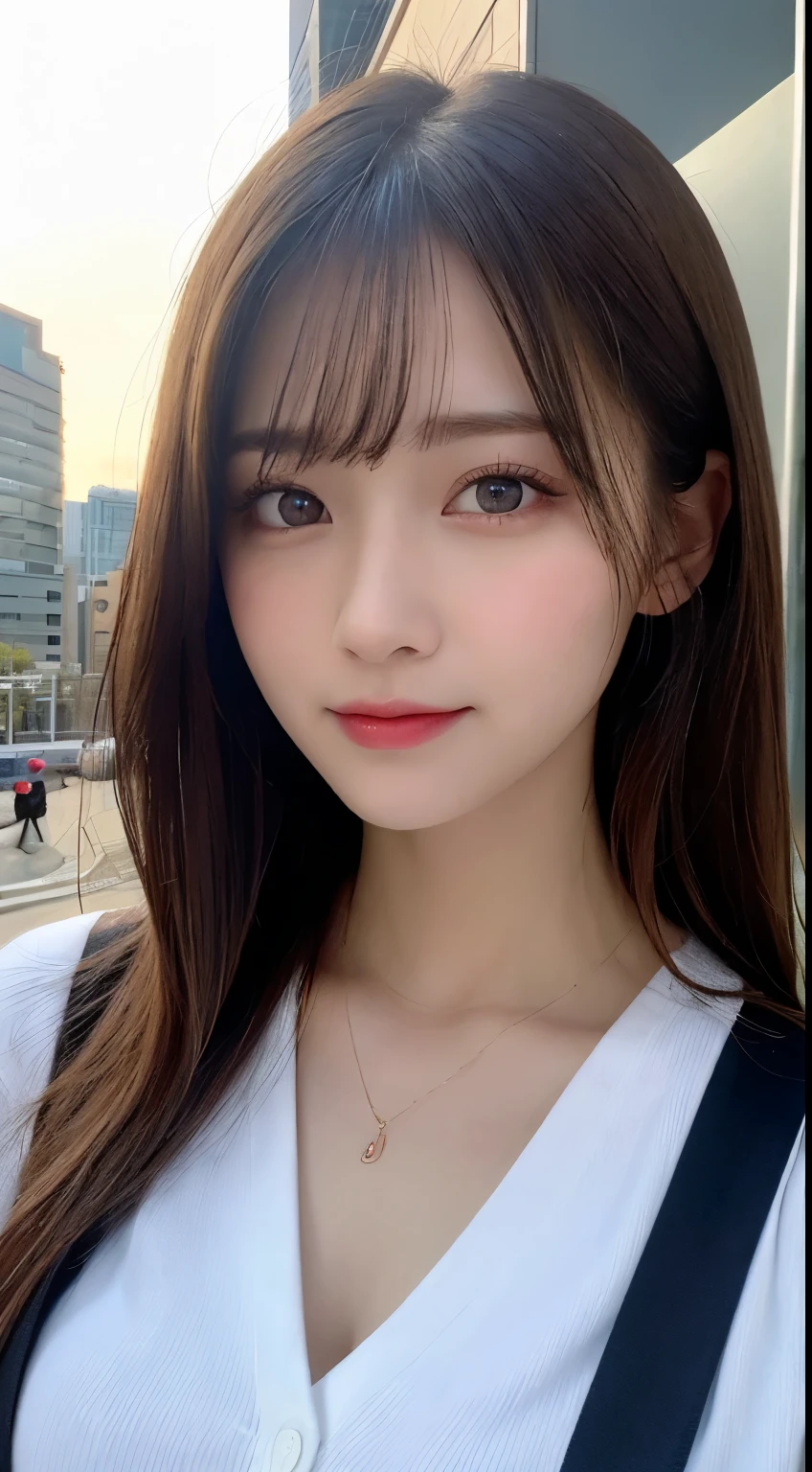 table top, highest quality, shape, Super detailed, finely, High resolution, 8k wallpaper, 完璧なダイナミックな構shape, beautiful and detailed eyes,  small , natural color lip, smile,big city、20 year old girl、midnight、beautiful and detailed face、perfect and beautiful face,Big eyes、real photos（best image quality）