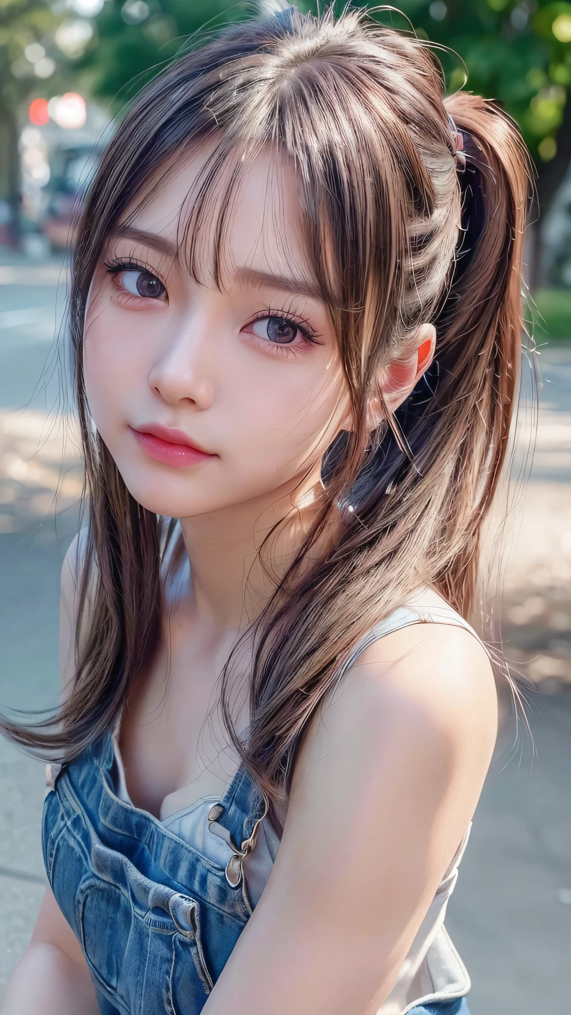 blush,14 years old,small breasts,long hair ponytail,outdoors,denim overalls,close up of face,((8k, RAW photo, highest quality, pieces fly:1.2), (reality, realistic:1.4), (Highly detailed 8k wallpaper), written boundary depth, cinematic lighting, soft light, Details beauty eye,Shiny and smooth light brown ponytail, asymmetrical bangs, shiny skin, super dense skin ,High resolution, high detail, detailed hairstyle, detailed beauty face, hyper real, perfect limbs, perfect anatomy ,1 Japanese girl,famous japanese idol, perfect female body,shy smile,short eyelashes,double eyelid,look straight here,Hair style is ponytail,