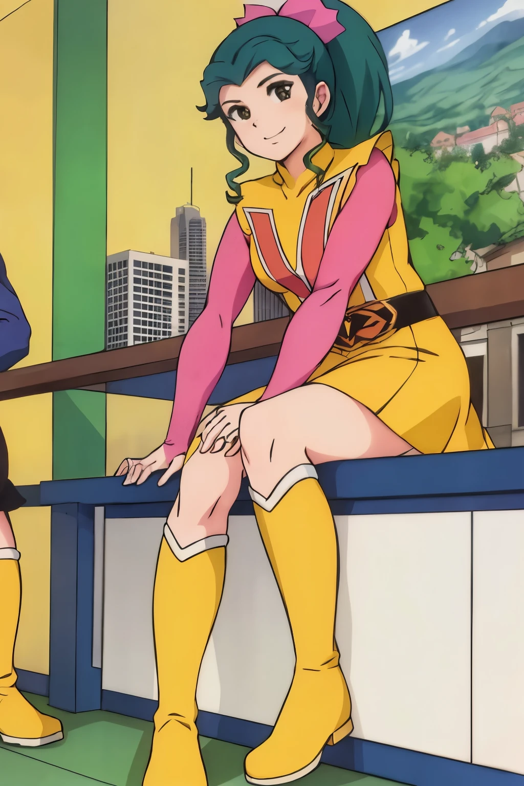 masterpiece, highest quality, (white panties:1.3),。spread her legs、from the front,show white panties,city, 1 girl,alone,
Megumi,yellow boots, pink sleeves,green hair,