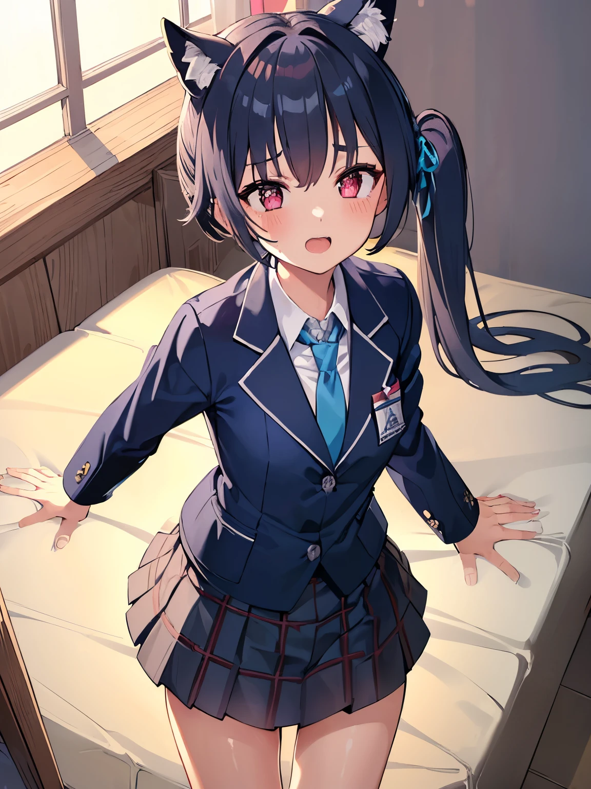 <lora:Anime Style 2 SDXL_LoRA_Pony Diffusion V6 XL:0.5>, score_9, score_8_up, score_7_up, source_anime, (masterpiece, best quality:1.2), extremely detailed, soft ambient lighting, sharp focus, 4K, BREAK <lora:HitoBocchi-000010:1>, HitoBocchi, 1girl, solo, red eyes, long black hair, side-tail, hair flower ornament, school uniform, blue jacket, red tie, sky blue pleated skirt, black socks, BREAK nervous, blush, looking at viewer, wavy mouth, BREAK indoors, bedroom, messy room, sitting, on bed,