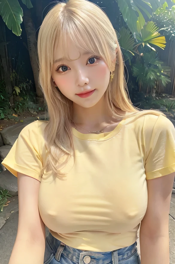 Pastel Blonde、((big breasts))、cute、natural makeup、4k、selfie、valley、、erotic、Pastel yellow tight T-shirt、No bra