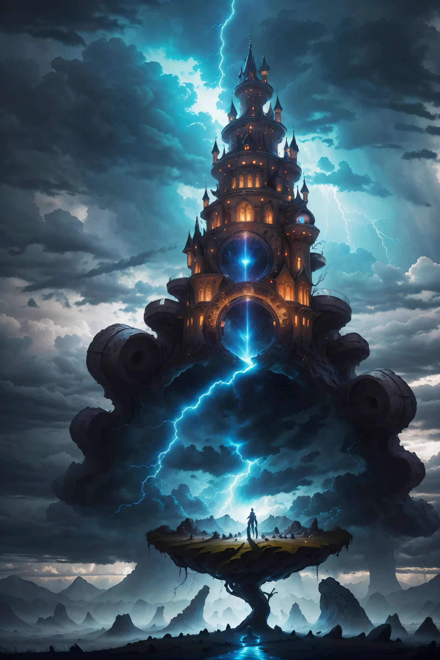 giant medieval castle on Magic Circle, epic landscape, ((wind effect)),thunder storm background,(mythical atmosphere),light is penetrating through clouds, magnificent clouds, blue theme, epic castle, in another planet