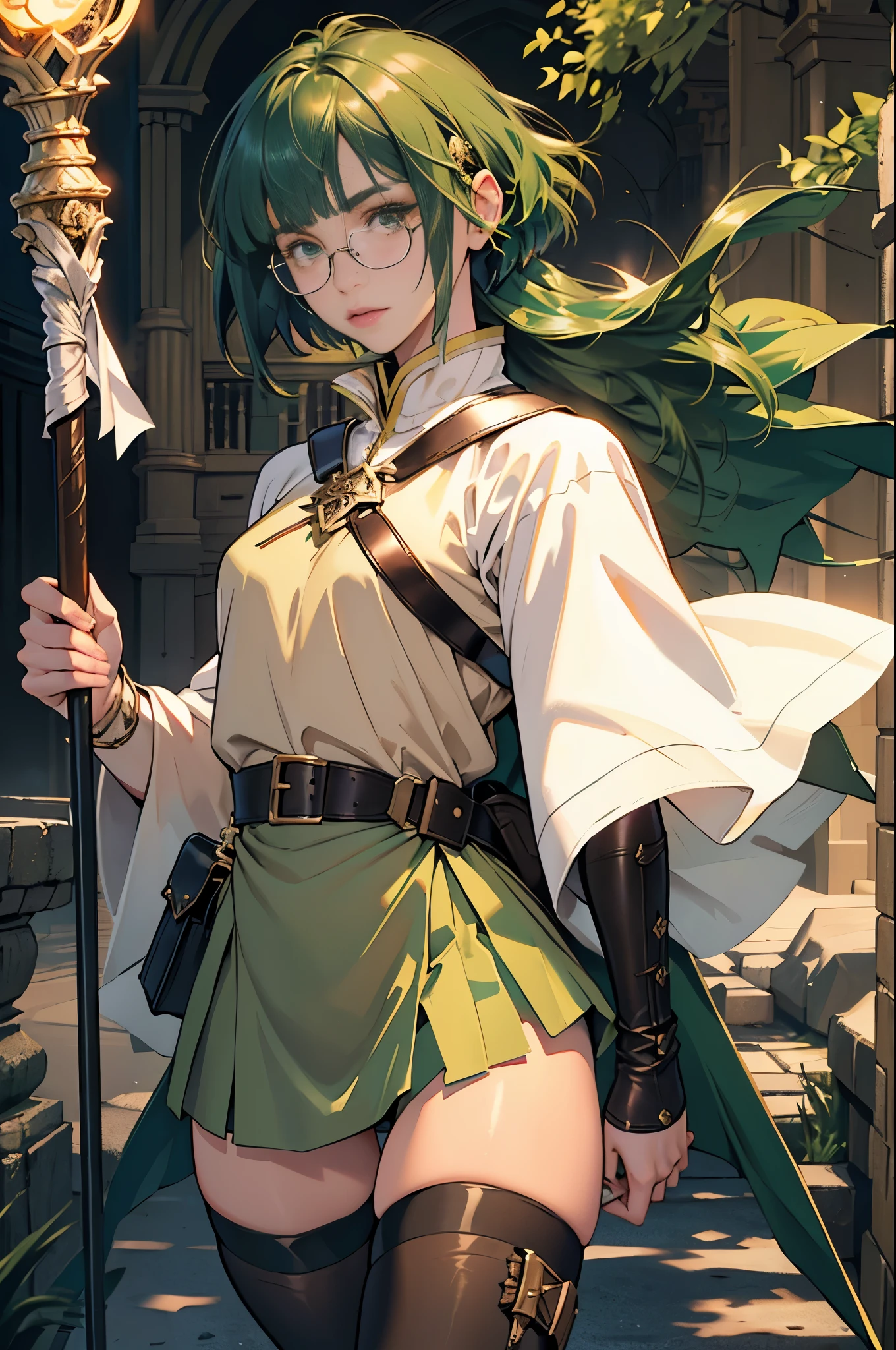 masterpiece, ultra detailed, 8k portrait, RAW photo, portrait photography, highly detailed face, beautiful and meticulous eyes, ((Fantasy)), Young beautiful, 15 years old, (((girl))), dynamic pose, (((deep green bob hair))), blunt bangs, White skin color, glasses, Luxury, (((tunic and short skirt))), (((brown cape))), (((little waist hip pouch))), (((dark thigh high tights))), high cut leather boots, ((holding long magical staff)), Midday Sun, hyper realistic, slender body, flat chest, Long legs, on the medieval road, Ambient lighting, Shadow details , Camera focus on face, strong breeze, Light fog