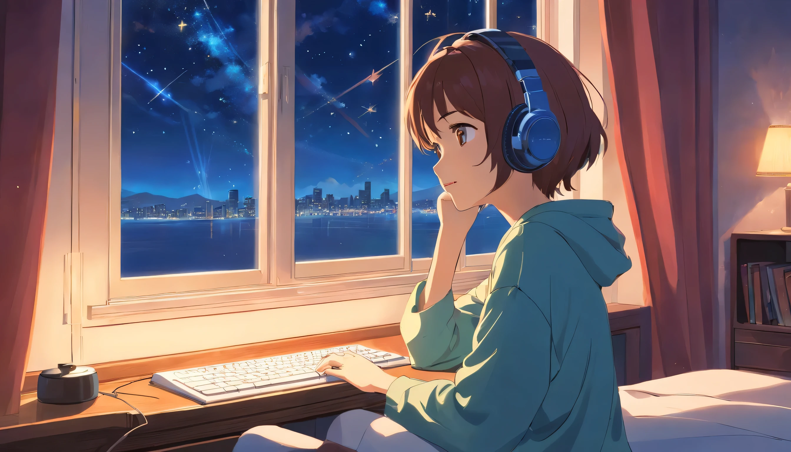 A girl listens to music with headphones by the window next to the bed，Many stars in the night sky cell phone in hand