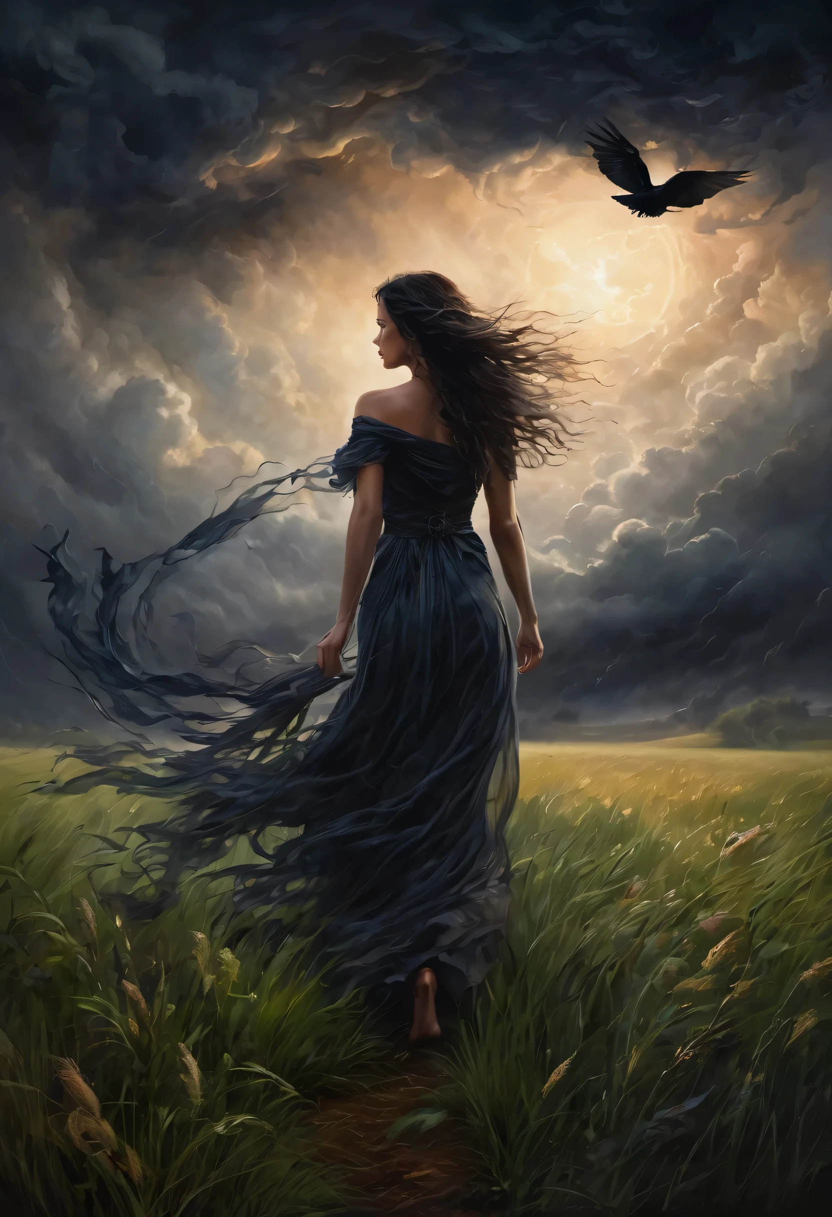 "Caught in the Gathering Storm" A windswept, naked raven maiden strides resolutely through the knotty meadow - each step leading her deeper into the rising storm. As the storms intensify, reality and being begin their seductive entanglement. The flax field underfoot begins to dissolve, giving way to the rising curls of mist - their spectral tendrils crawling, sniffing, feeling on the surface of the earth as if the very earth might swallow itself into the void. In the swirling mist, shapes slowly coalesce and then disappear like half-arrested memories. First bats, then violins, their haunting arpeggios echoing through the vaporous realm. The once bright sky has ceased to be, fully immersed in shrouds of firmament and cloud, horizon and peak are equally denied from all directions. Only the maiden remains fixed in space, a fading beacon... the last bastion before any notion of realm or location, object or environment loses perceptible form—dissipating into the locked pirouette of ether and obscurity. The seller is gone now. And in front - only the unknown.