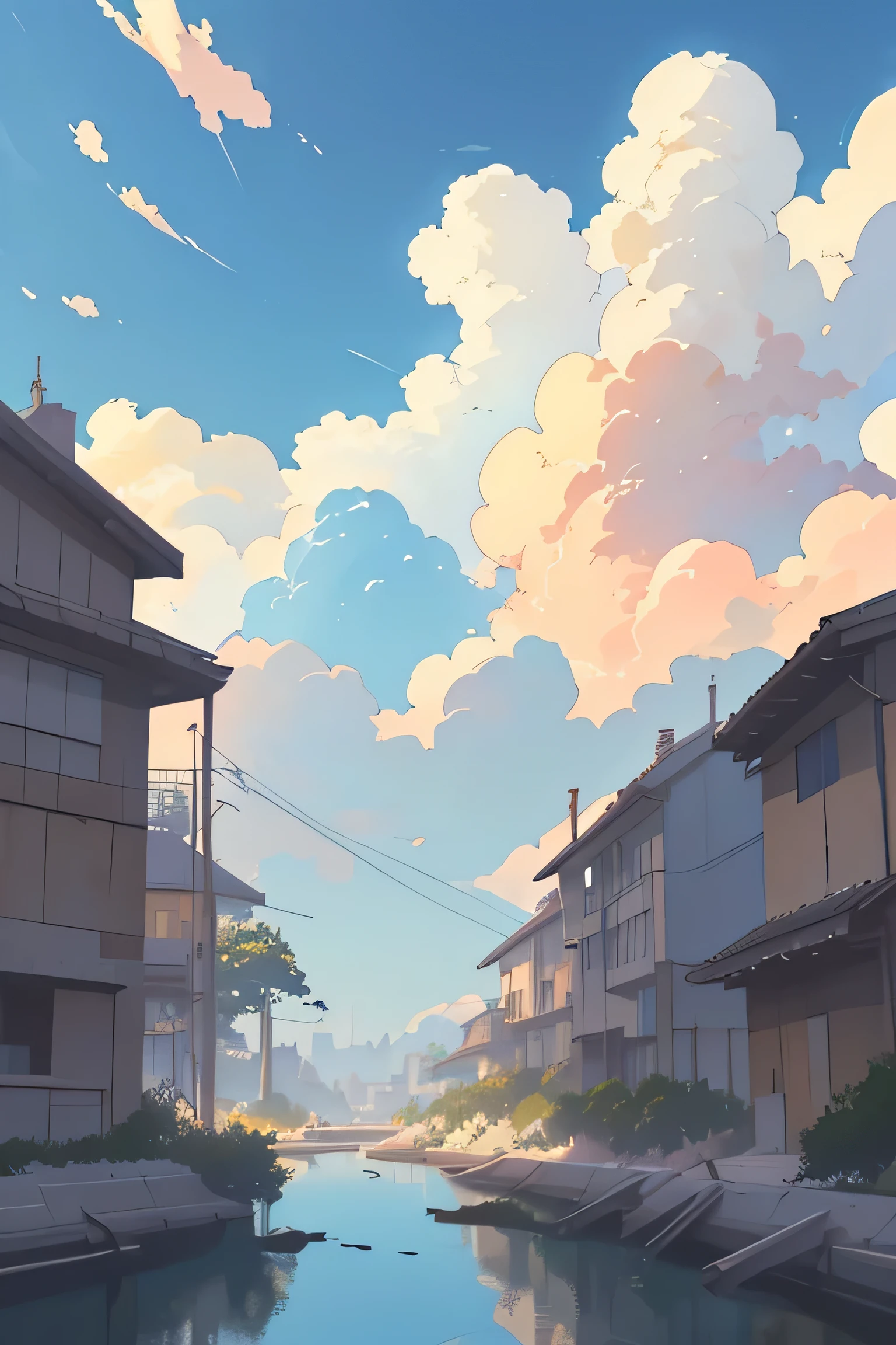 Anime - style scene of a city with beautiful sky with a blue sky and cloudy. by makoto shinkai, anime art wallpaper 4k, anime art wallpaper 4 k, anime art wallpaper 8 k, anime wallpaper 4k, anime wallpaper 4 k, 4k anime wallpaper, anime sky, amazing wallpaper, anime background, ghilbi vibes
((best quality)), ((masterpiece)), (detailed), perfect face