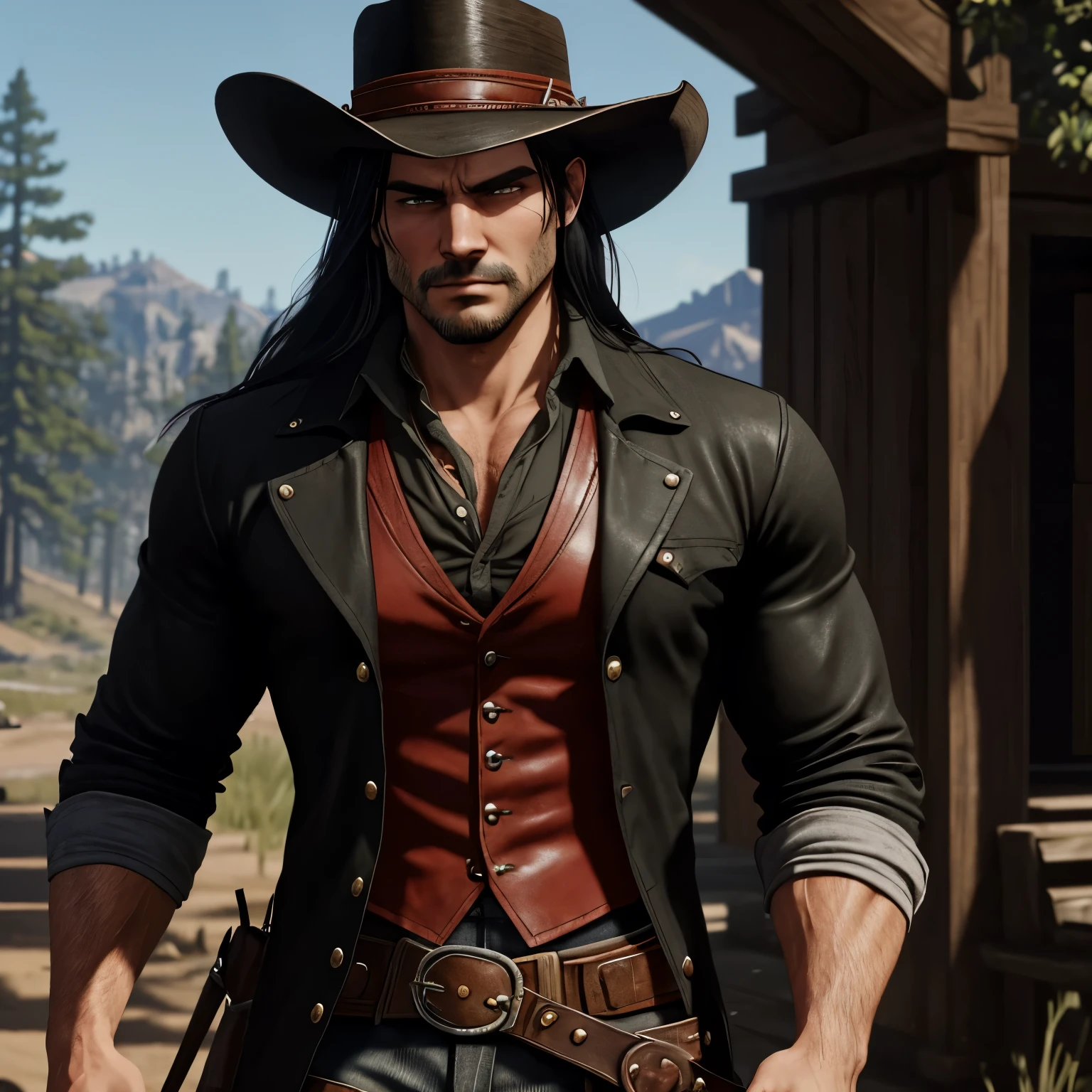 A man with long black hair thats usually in a low ponytail against his back. He has a strong jaw and a pencil mustache and thick stubble. He looks in his late 20's. His eye color is forest green with hazel in the middle. He's 6'6 and lean, muscular with a thin waist. He's wearing red dead redemption 2 styled clothes. He'll be wearing a black cowboy hat with feathers sticking out the band of it. A black shire will be besides him. He's wearing a black button up shirt with with a few buttons undone, along with a black coat with the sleeves rolled up.