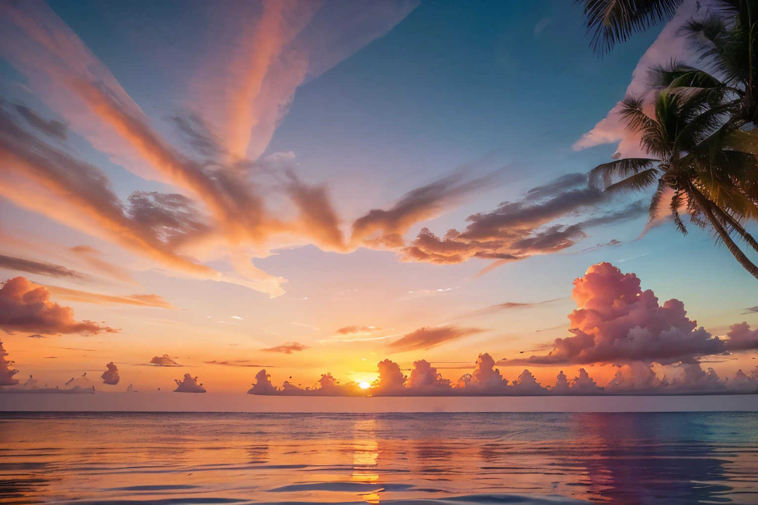 A breathtakingly vibrant tropical island sunrise, the sky ablaze with hues of pink, orange, and gold as the sun peeks over the horizon. The crystal-clear waters shimmer with reflections of the stunning scene, while palm trees sway gently in the warm breeze. This breathtaking photograph captures the serenity and beauty of a new day beginning in paradise, showcasing the perfect harmony of nature's colors and tranquility.