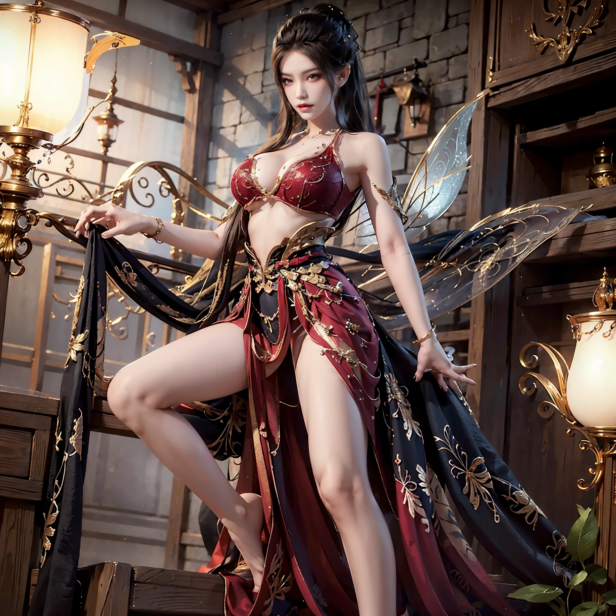 from below,squat,spread legs,Physically based rendering, 1 girl, brown hair, high ponytail,Heroine, huge breasts, Sexy supermodel figure, slim waist, (whole body:1.4),Elegant fairy costume, lace skirt,black stockings,barefoot,Bells hanging on feet
