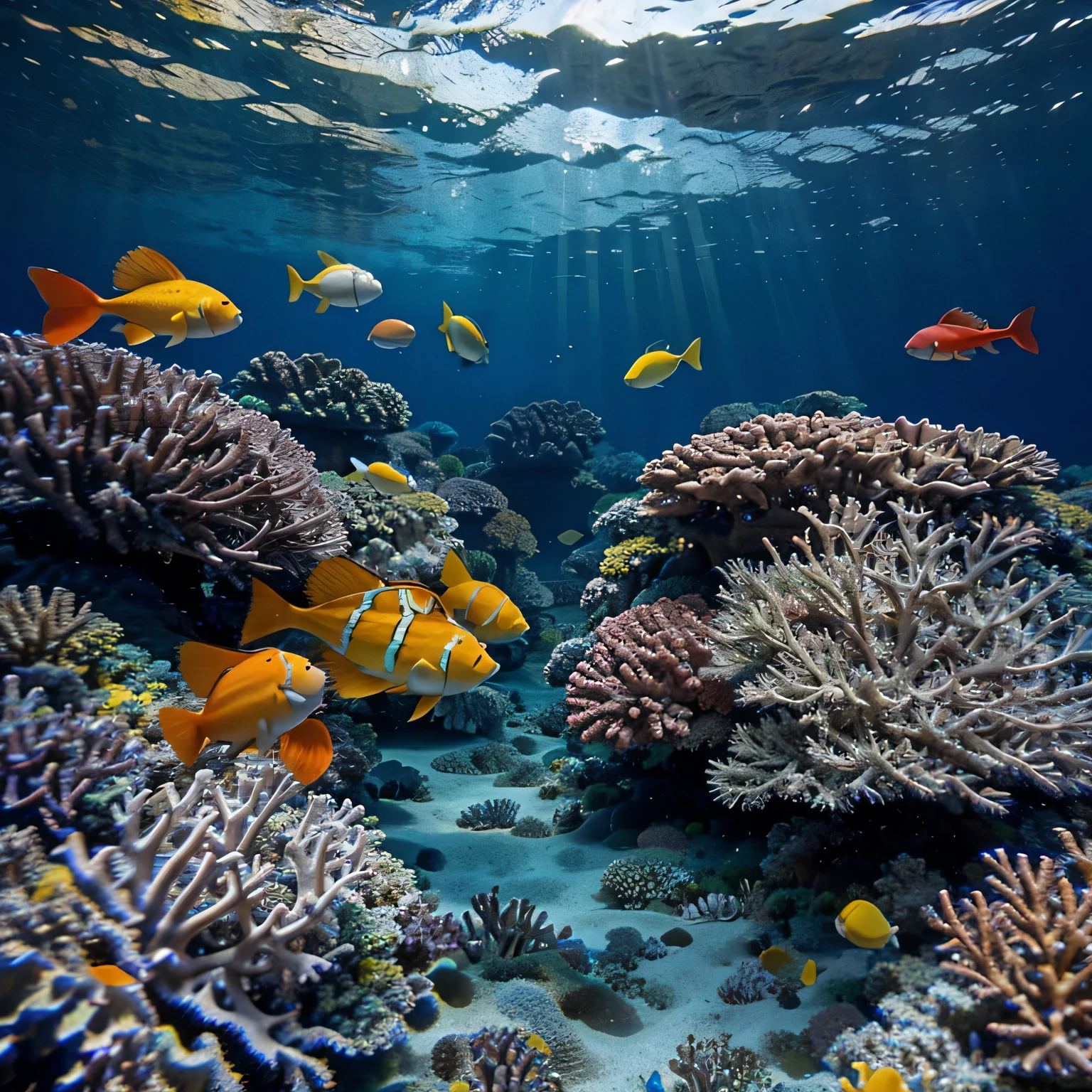 Coral reef - many colors, plenty of fisheany colors, deep blue ocean deep, sea crabs, lot of red, blue and yellow fishes, colorfull pallete of hue, 