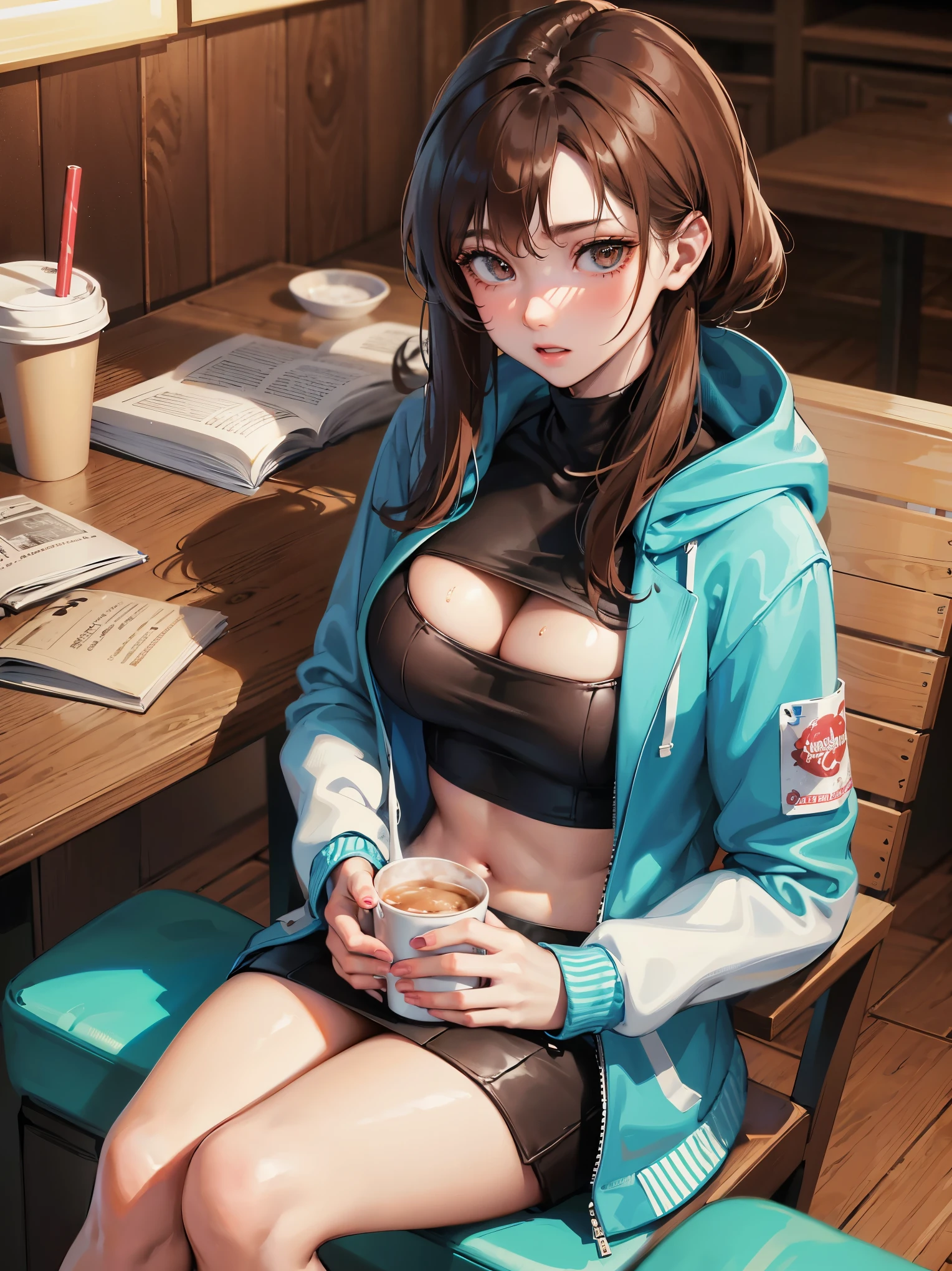 4k, best quality, realistic, detailed, 1girl and 1boy, heart hands. A boy in a hoodie and a high school girl in a sweater. The high school girl has huge breasts and shows her cleavage from the sweater. Both of them are shy and red-faced as they play heart hands. Sitting in a coffee shop and drinking a hot drink