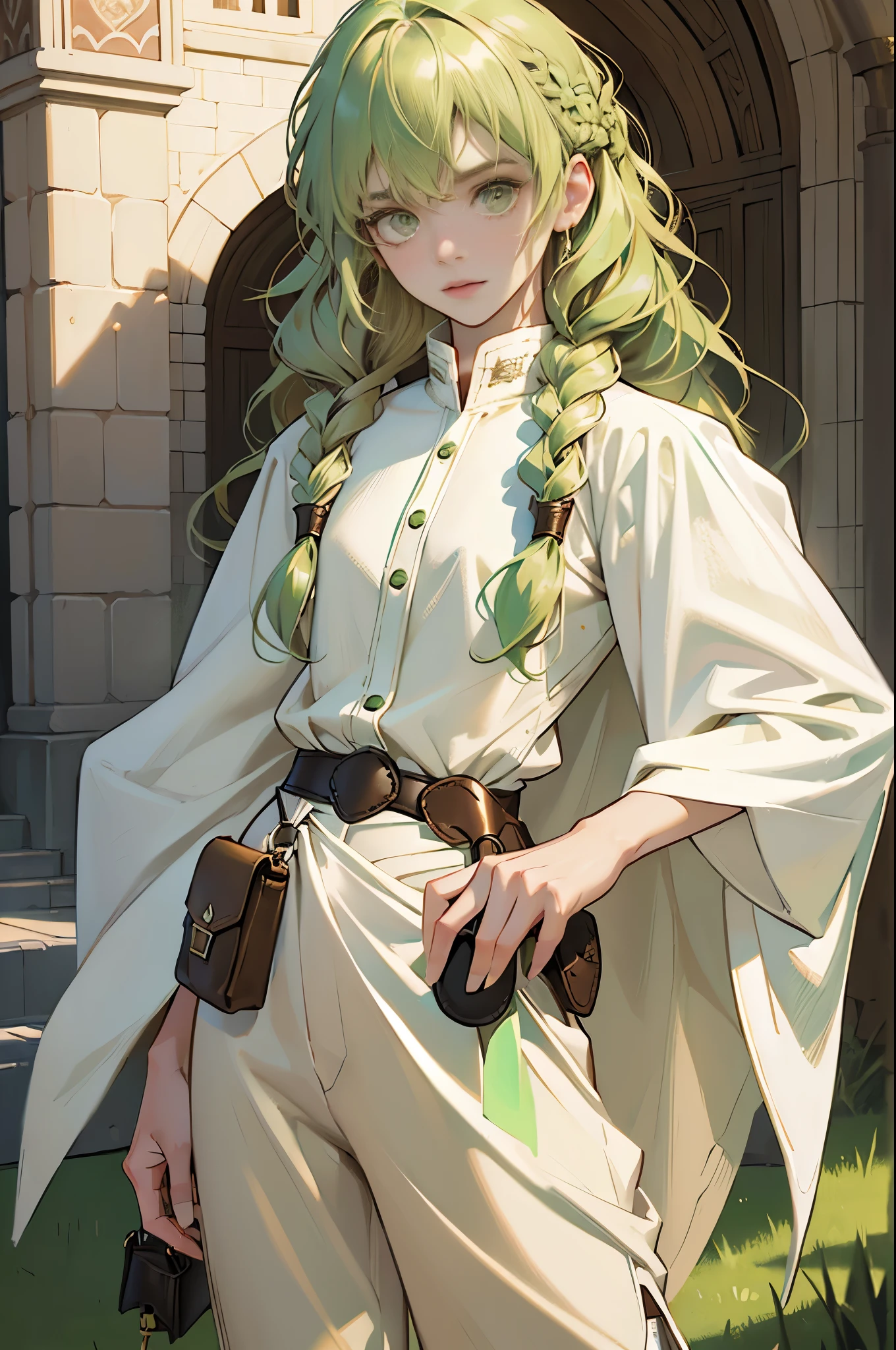 masterpiece, super detailed, 8K portrait, RAW photo, portrait photography, highly detailed face, beautiful and detailed eyes, ((fantasy)), young and beautiful, 15 years old, (((droopy eyes))), dynamic pose, (((short wavy light green hair))), ((Braided twintails)), parted bangs, white skin color, luxury, (((White tunic))), ((((Brown wide pants)))), (((brown cloak))), (((little waist hip pouch))), High Cut Leather Bootagic book in hand)), midday sun, surreal, slender body, flat chest, long legs, on the medieval road, environmental lighting, shadow details , focus the camera on the face, strong wind, light fog