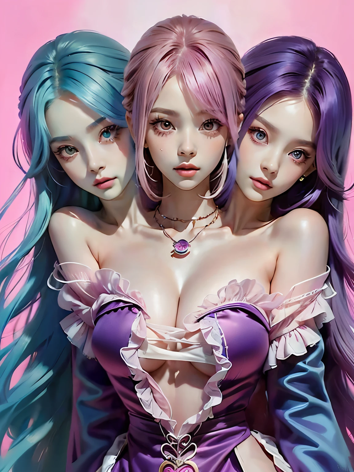 (Threeheads), (3heads:1.5), 1girl, colourful hair, extra heads, faces squished together, fused necks, extreme close-up, A woman with blue hair and a necklace, digital art inspired by Yanjun Cheng, Tumblr, Rococo, portrait of jossi of blackpink, portrait jisoo blackpink, floating blue hair, Long flowing blue hair, long bubblegum hair, coiffed purple hair, Pink girl, pink hues, ((Pink)), Long blonde hair, blond straight hair, curly blond hair