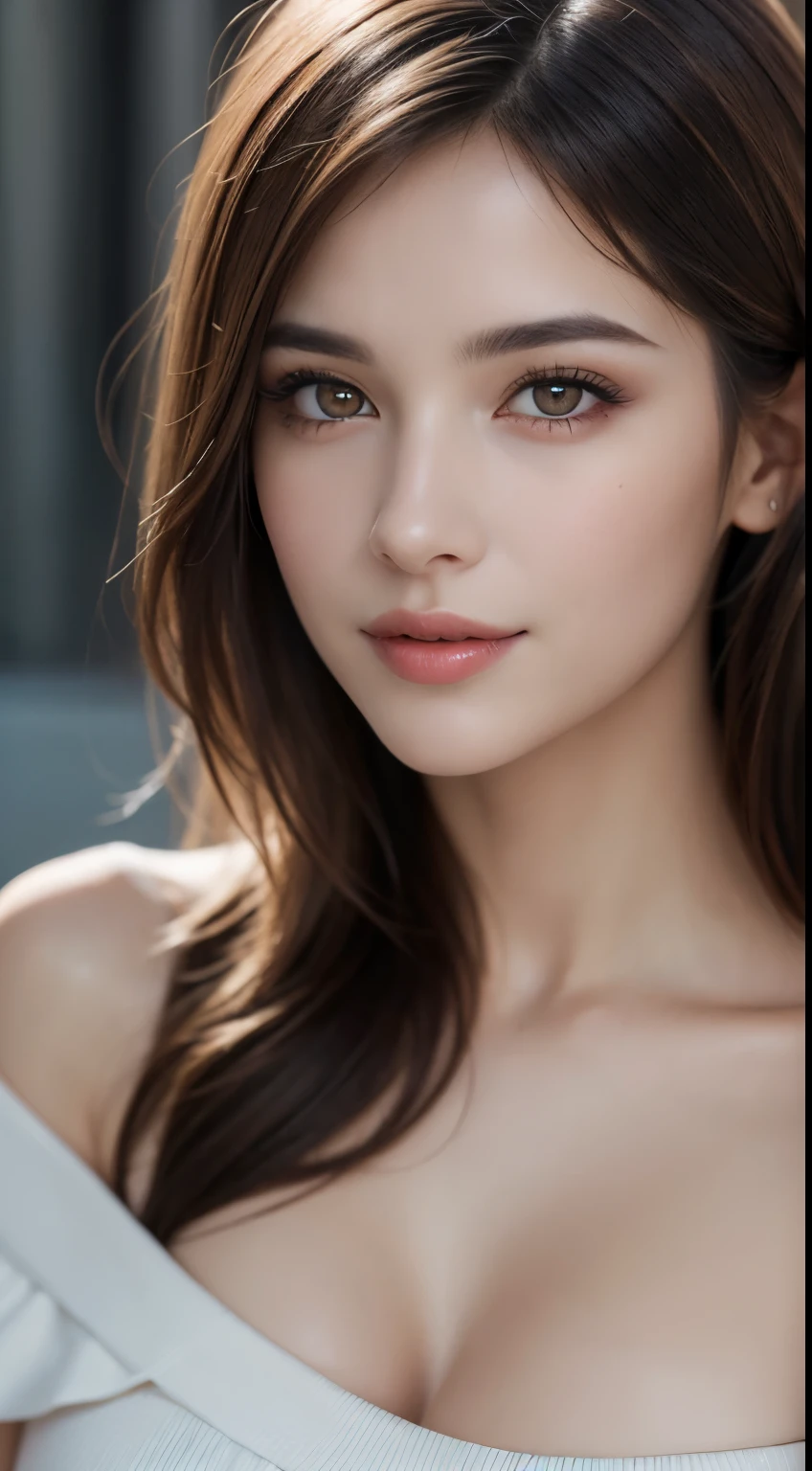 1woman, (Ultra realistic, high res), (highly detailed eyes, highly detailed hair, highly detailed face, highly detailed plump lips), (off shoulder with open breasts), breasts, upper body, caute smile, cilver gold hair, (best quality:1.4), Raw photo, (realistic, photo-realistic:1.37), professional photography, cinematic light, (fine face: 1.2),