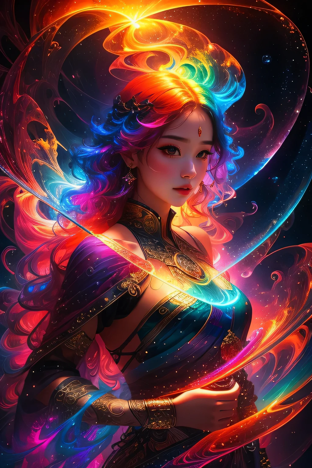 1a beautiful young woman., The mystery of the night,wave. 3d. rainbow colors. The melting beauty of the universe. Surrealism in Nebula Reflections. glass texture,Translucent,crystal,martial arts