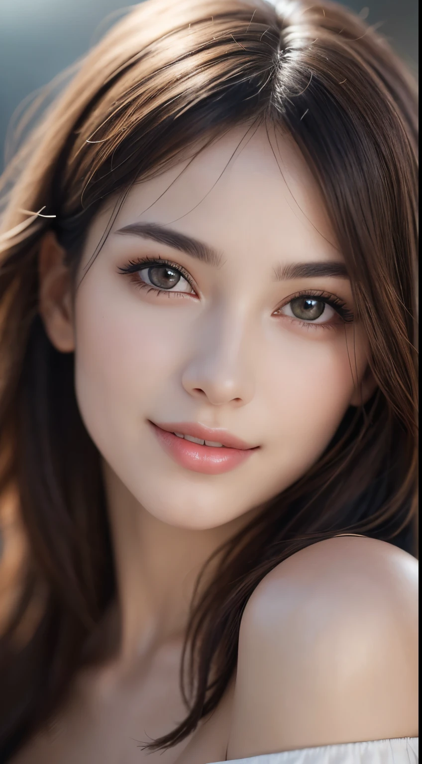 1woman, (Ultra realistic, high res), (highly detailed eyes, highly detailed hair, highly detailed face, highly detailed plump lips), (off shoulder with open breasts), breasts, upper body, caute smile, cilver gold hair, (best quality:1.4), Raw photo, (realistic, photo-realistic:1.37), professional photography, cinematic light, (fine face: 1.2),