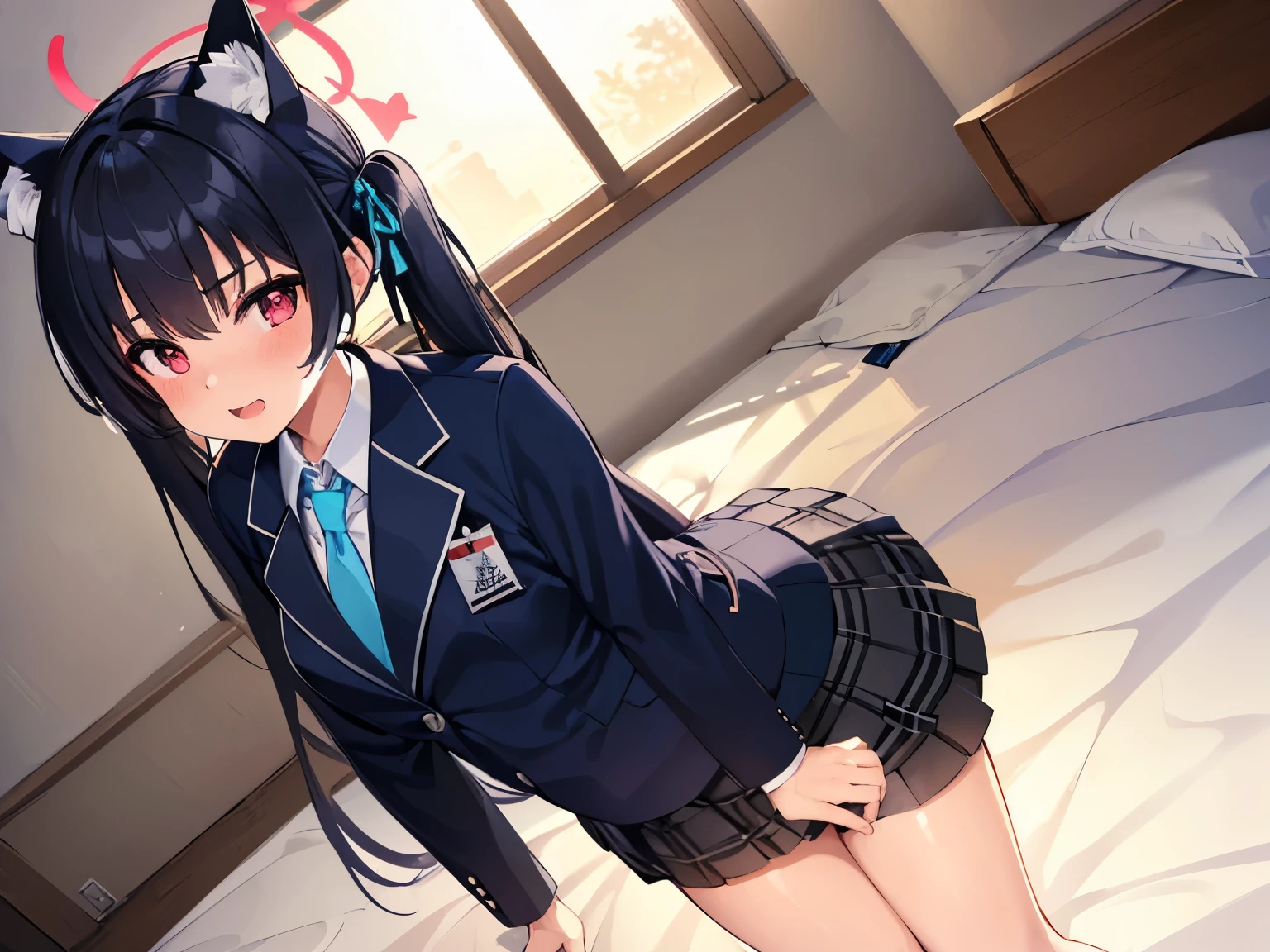 1girl, (((masterpiece))),(((half body))), wallpaper HD, top-quality, top-quality, High Details, masterpiece, best quality, ultra-detailed, illustration, 1girl, serika, school uniform, standing ,white shirt, blue necktie, black skirt, blue jacket, comic strip, soothing tones, Subdued Color, Soft cinematic light, adobe lightroom, photolab, HDR, intricately and hyper-detailed、(((depth of fieldasterpiece)))。(((top-quality))).)((ultra-detailliert)))。(((illustratio)))。(((takeout))).dynamic focus.big breasts.(((home))).(((A bedroom))).(((Face of happiness))). open smile mouth.(((up chest))).((morning glow)).((the setting sun)).