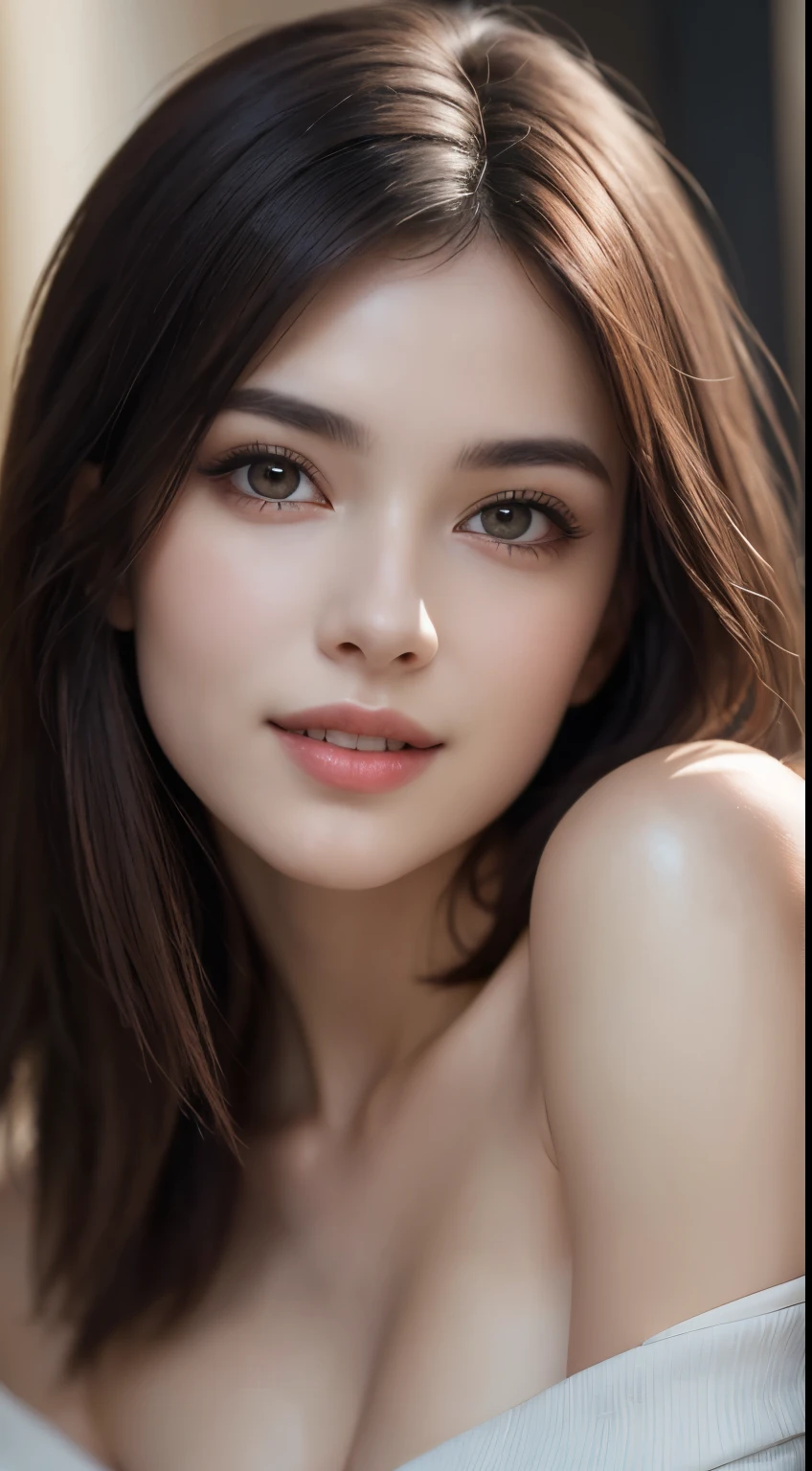 1woman, (Ultra realistic, high res), (highly detailed eyes, highly detailed hair, highly detailed face, highly detailed plump lips), (off shoulder with open breasts), breasts, upper body, caute smile, cilver gold hair, (best quality:1.4), Raw photo, (realistic, photo-realistic:1.37), professional photography, cinematic light, (fine face: 1.2),