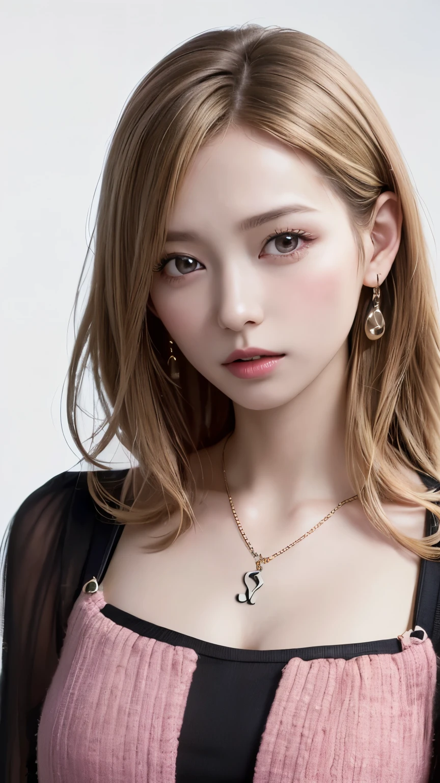 (highest quality、8k、32K、masterpiece、nffsw:1.2)、(Raw photo)、(realistic)、(Photoreal:1.2)、(High resolution)、super detailed、very beautiful face and eyes、1 girl、round and small face、thin waist、delicate body、(Close-up、highest quality、high detail、rich skin details、nffsw)、(highest quality、8k、oil paint:1.2)、super detailed、(realistic、realistic:1.37)、Bright colors、(((I'm blonde)))、(((Beautiful female face)))、(((My hair is golden)))、(((brand hair)))、(((Bewitching atmosphere)))、(((bust shot)))、(((white background)))、((lob hair))、(((pure white wall background)))、(((She is wearing a pink and black cachecoeur)))、(((pure white wall background)))、(((pink and black clothes)))、(((wearing a pink cachecoeur)))、(((I am wearing a musical note shaped necklace.)))、(((I&#39;m putting my hand on my chest)))、(((angry)))