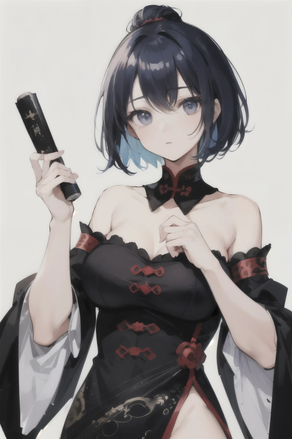 (masterpiece, highest quality: 1.2), traditional chinese ink painting, cute 18 year old big breasted woman、shortcut、blue hair、emphasize the chest、big breasts、look up from below、Wink with one eye