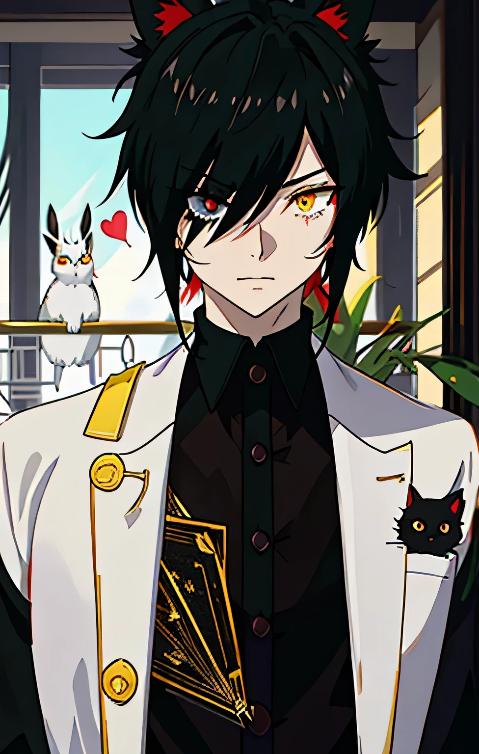 Masterpiece, Best quality, high quality, 1 boy, One, male focus, I&#39;m looking at the viewer, Upper body, anime guy anthropomorphic bird-like demon cat. His appearance resembles that of wizards, casino and playing cards. The white of his eyes is black, yellow irises, and the pupils are narrow. long red eyebrows with black vertical stripes at the tips and a small black heart above each eyebrow.. big teeth, sharp and yellow, and the nose is black, in the shape of a heart.The inside of his ears is white, with a red tip at the tip and a red heart in the center.. There are black tufts of fluff sticking out of each ear..., creating the appearance of small hearts.