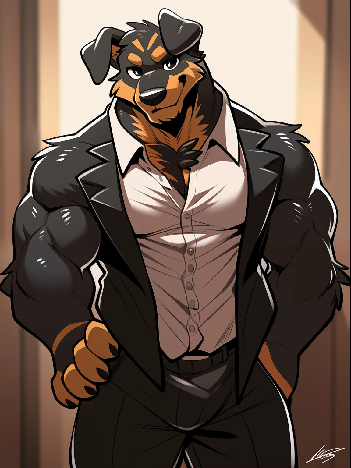 author: Takemoto Arashi, (1 boy), One, Men's Antro, kemono , hot body, muscle, handsome, sexual, Attractive guy, (Detailed black eyes), browasterpiece, A high resolution, Best quality), 4k,  male Rottweiler, dog portrait, beautiful shadows, business suit, black trousers, white shirt, black jacket, in the room, standing in front of the bed, front view,