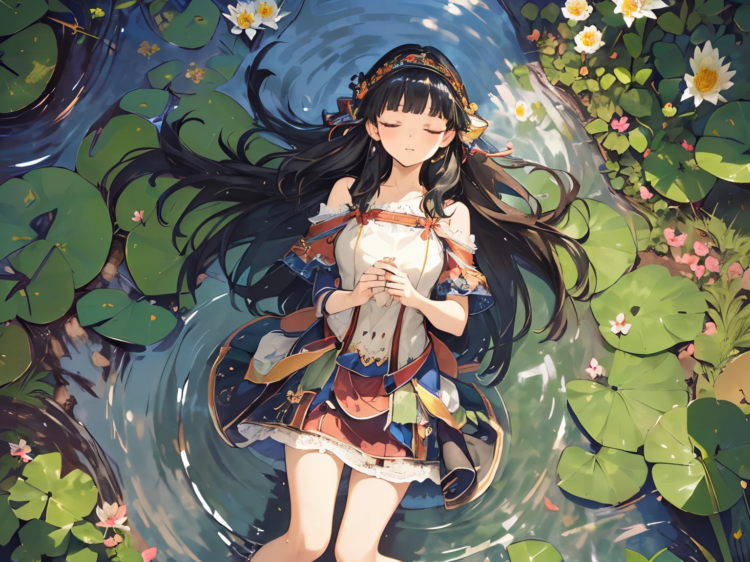 (masterpiece, absurd quality, best quality, official art, beautiful and aesthetic:1.2), 16K, cute petit girl, extreme detailed, digital art, colorful, highest detailed, vivid color, by famous artist, (transform sequence), dynamic angle, landscape, scenery, flower, deep pond, dim , (floating on the pond), (soro:1.5), (1girl:1.5), lipstick, eyelashes, extremely detailed face, eyelashes, extremely detailed face, (perfect legs, perfect hands, perfect anatomy：1.1), depth of field, beautiful lighting, (floating hair:1.3), detailed skin, shiny, (suspended:1.5), (Uplifting:1.5), shiny skin, shiny hair, shiny face, shiny skin, charshall2, (voluminous frills skirt,:1.5) ,(voluminous panniers in skirt:1.5), (sexual feeling:1.5), full body, (from above:1.2), (lie down on the pond:1.5), closed eyes, (wet clothes:1.2), pantyhose, very wide shot,