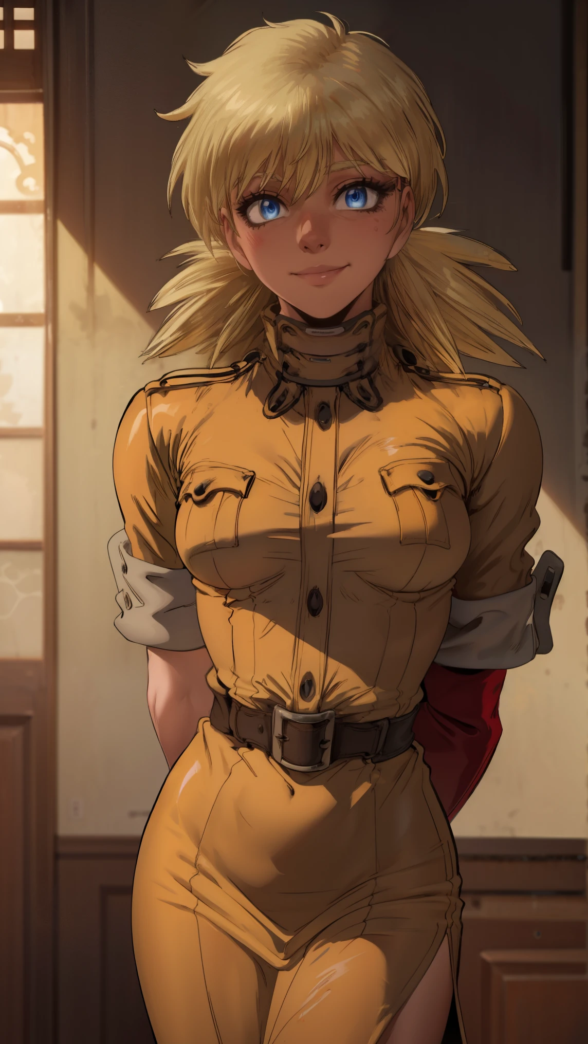 masterpiece, best quality, integr hellsing, integra, 1girl, solo, nude, small breasts, missionary, sexy, flat chest, small breasts, abs, looking at viewer, smug smile expression, seductive, latex gloves, golden and black Chinese dress, (((arms behind back))), detailed blue eyes, detailed face 