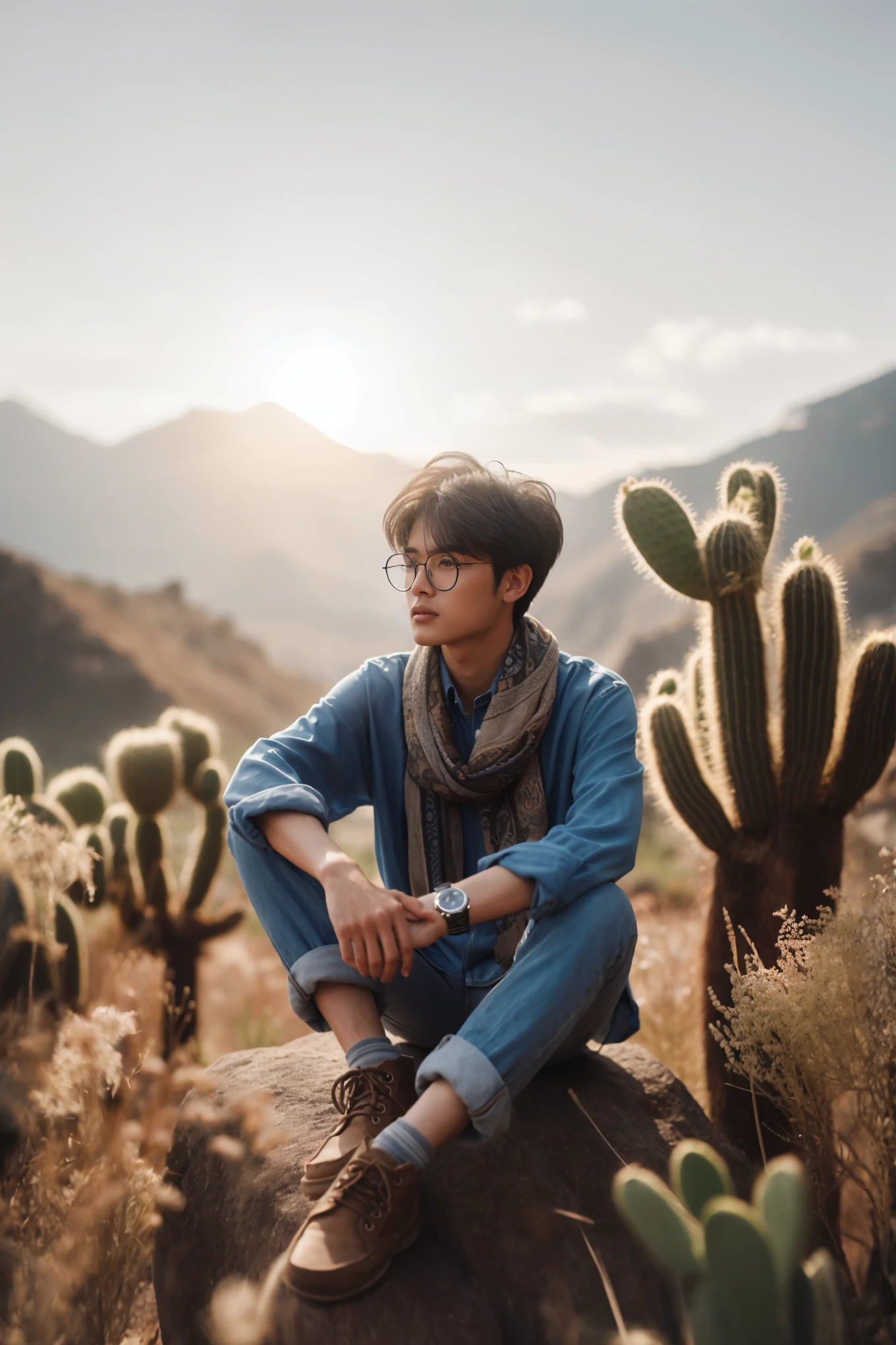 arafed man sitting on a rock in a desert with cactus trees, high quality portrait, standing next to desert oasis, in a desert, holding a cactus, portrait shot, photo portrait, at the desert, in the desert, in desert, amidst nature, environmental portrait, pexels contest winner, mid shot portrait, portrait shot 8 k, south korean male