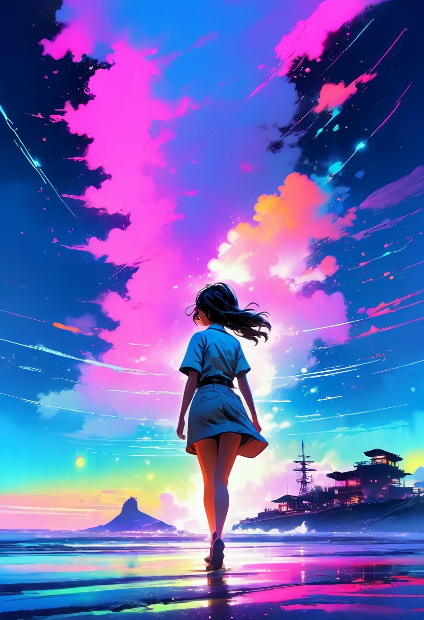 fluorescent horizon, cg graphics illustration, neon colored at background, 
a woman, acrylic painting, trending on pixiv fanbox, palette knife and brush strokes, style of makoto shinkai jamie wyeth james gilleard edward hopper greg rutkowski studio ghibli genshin impact
style of Jean Baptiste Monge, Thomas Kinkade, David Palumbo, Carne Griffiths.