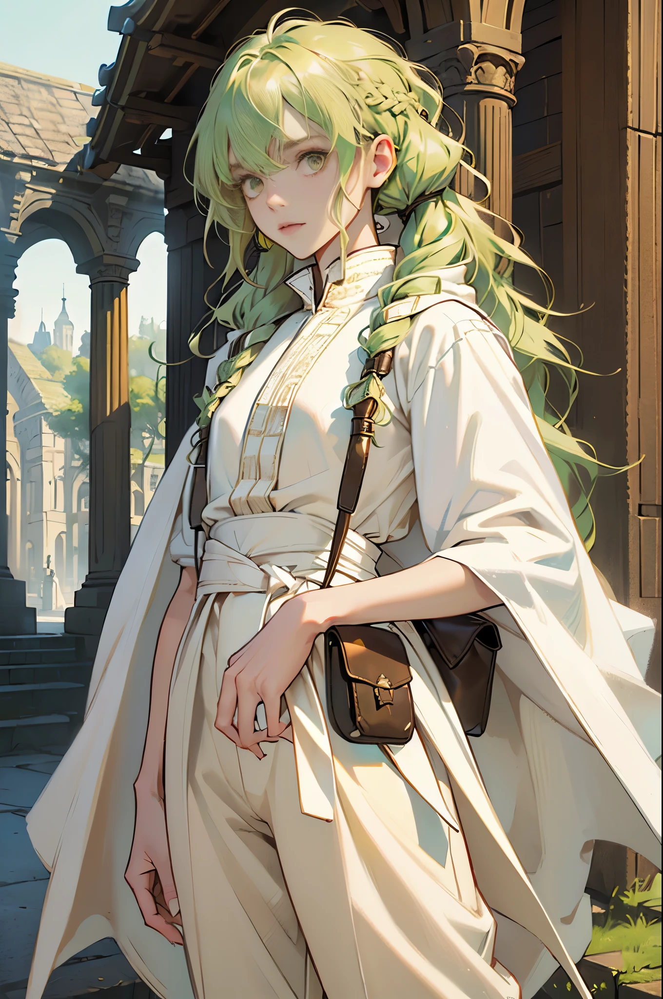masterpiece, super detailed, 8K portrait, RAW photo, portrait photography, highly detailed face, beautiful and detailed eyes, ((fantasy)), young and beautiful, , (((droopy eyes))), dynamic pose, (((short wavy light green hair))), ((Braided twintails)), parted bangs, white skin color, luxury, (((White tunic))), ((((Brown wide pants)))), (((brown cloak))), (((little waist hip pouch))), High Cut Leather Bootagic book in hand)), midday sun, surreal, slender body, flat chest, long legs, on the medieval road, environmental lighting, shadow details , focus the camera on the face, strong wind, light fog