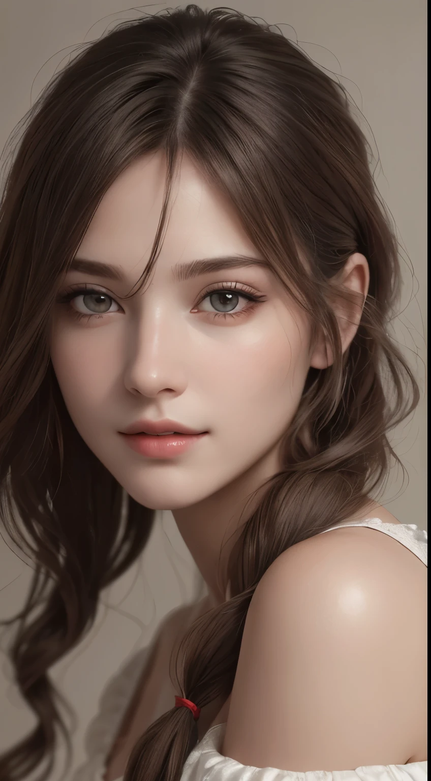 1woman, (Ultra realistic, high res), (highly detailed eyes, highly detailed hair, highly detailed face, highly detailed plump lips), (off shoulder with open breasts), breasts, upper body, caute smile, (best quality:1.4), Raw photo, (realistic, photo-realistic:1.37), professional photography, cinematic light, (fine face: 1.2), (photograph:1.2)、(photorealistic:1.3)、(masterpiece:1.3)、(Highest image quality:1.4)、ultra high resolution、realistic eyes、 (detailed eyes)、(detailed facial features)、(Detailed garment features)、8K resolution、solo focus、26 year old cute woman、small face、Detailed leal beautiful eyes、bangs、gold hair、long cut hair, braided hair、(realistic skin)、beautiful skin、charming、ultra high resolution、Super realistic、High definition、Camisa branca aberta,middlebre、small breasts、bust B cup、cinematic lighting、perfect、soft light、High resolution skin:1.2、realistic skin texture、