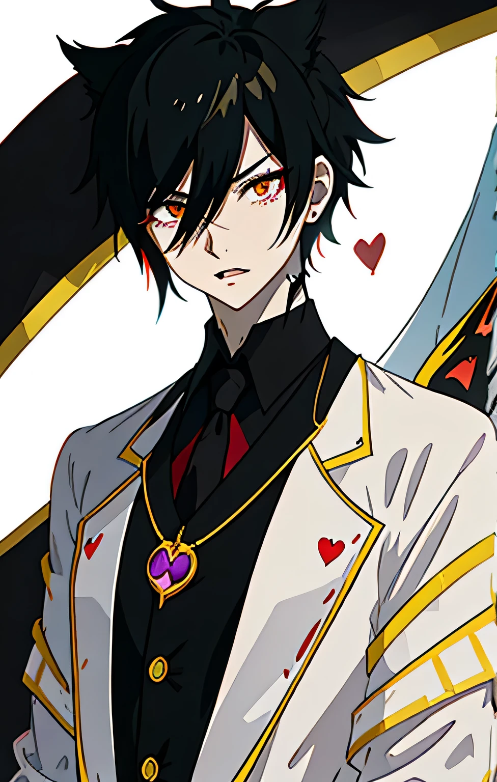 Masterpiece, Best quality, high quality, 1 boy, One, male focus, I&#39;m looking at the viewer, Upper body, anime guy anthropomorphic bird-like demon cat. His appearance resembles that of wizards, casino and playing cards. The white of his eyes is black, yellow irises, and the pupils are narrow. long red eyebrows with black vertical stripes at the tips and a small black heart above each eyebrow.. big teeth, sharp and yellow, and the nose is black, in the shape of a heart.The inside of his ears is white, with a red tip at the tip and a red heart in the center.. There are black tufts of fluff sticking out of each ear..., creating the appearance of small hearts.