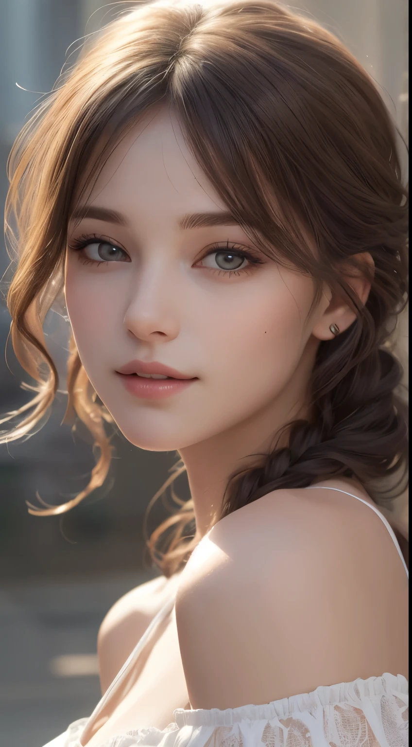 1woman, (Ultra realistic, high res), (highly detailed eyes, highly detailed hair, highly detailed face, highly detailed plump lips), (off shoulder with open breasts), breasts, upper body, caute smile, (best quality:1.4), Raw photo, (realistic, photo-realistic:1.37), professional photography, cinematic light, (fine face: 1.2), (photograph:1.2)、(photorealistic:1.3)、(masterpiece:1.3)、(Highest image quality:1.4)、ultra high resolution、realistic eyes、 (detailed eyes)、(detailed facial features)、(Detailed garment features)、8K resolution、solo focus、26 year old cute woman、small face、Detailed leal beautiful eyes、bangs、gold hair、long cut hair, braided hair、(realistic skin)、beautiful skin、charming、ultra high resolution、Super realistic、High definition、Camisa branca aberta,middlebre、small breasts、bust B cup、cinematic lighting、perfect、soft light、High resolution skin:1.2、realistic skin texture、