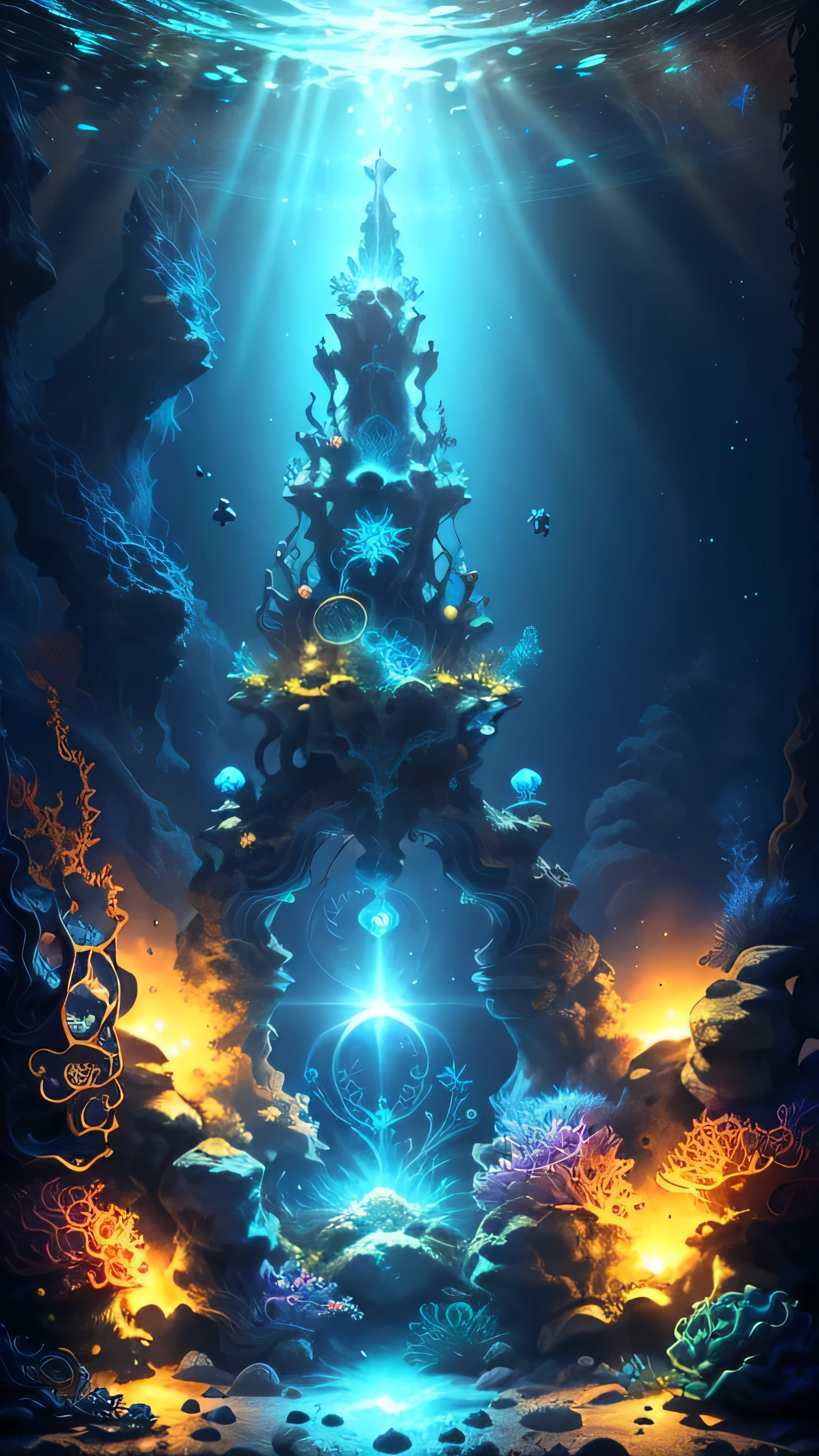 magic circle in water (portal teleportation), luminous, bluish, round geometric shape, magical being, magical, underwater being, Wicca, pentagram (realistic and bright colors, ultra-detailed, 16K). 