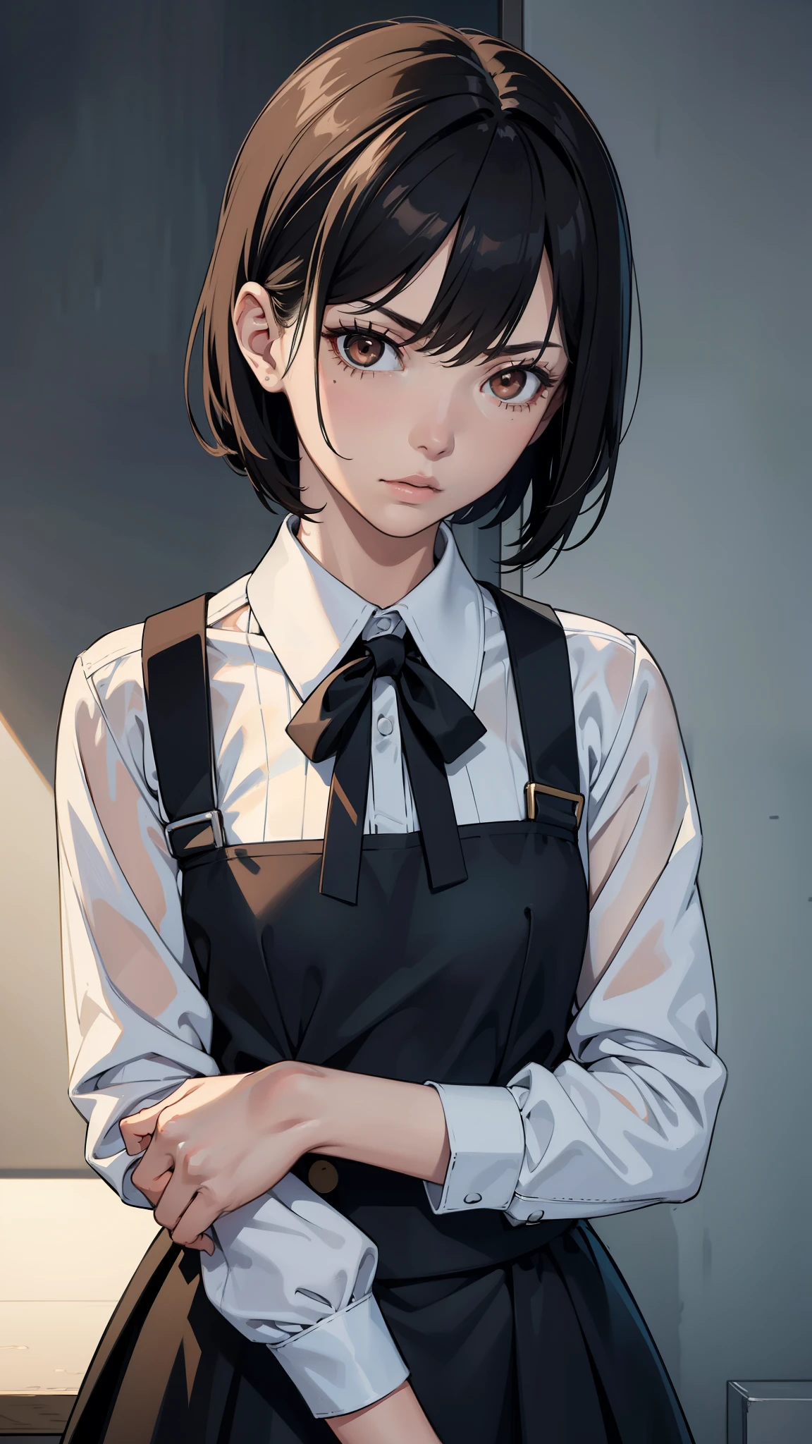 ((artwork, best quality)), (1 girl), (Alone), (female focus), Yoru (Chainsaw Man), (very detailed face, real image, realistic white skin, realistic body, intricate details), torso, serious, brown eyes, looking at the viewer, bandages on the body, black hair, long sleeve shirt, pinafore dress, black tie, bandages, bandages, small breasts