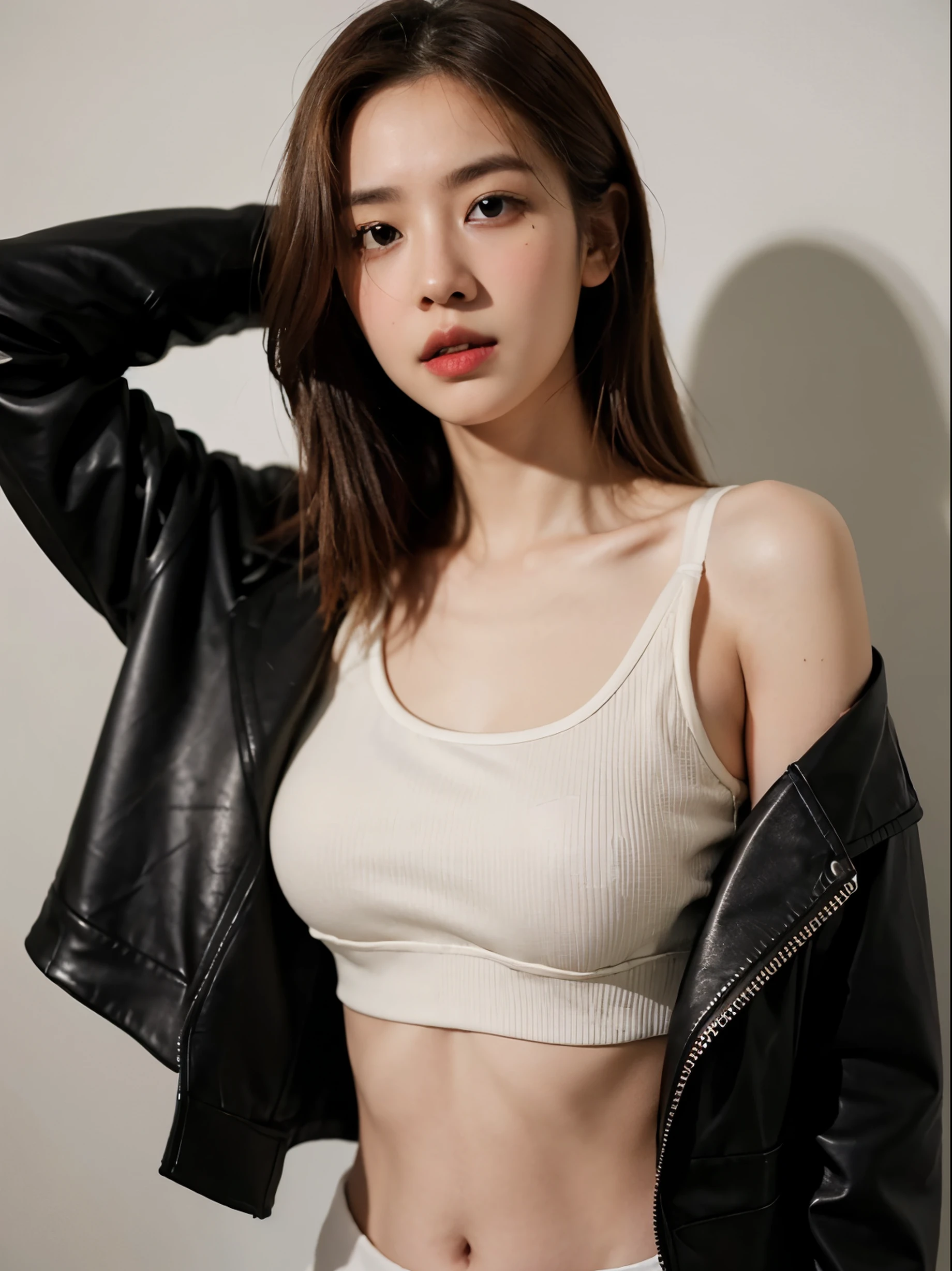 (8k、RAW Photos、top-quality、​masterpiece:1.2)、(realistic Photo-realsitic:1.37)、1girl in、japanese, 18-years old, face lights, Detailed face、Detailed lips, (wearing a black faux leather jacket over sports bra:1.5), (exposed right shoulder :1.5), right hand behind head, seductive pose, opened jacket, long black hair,