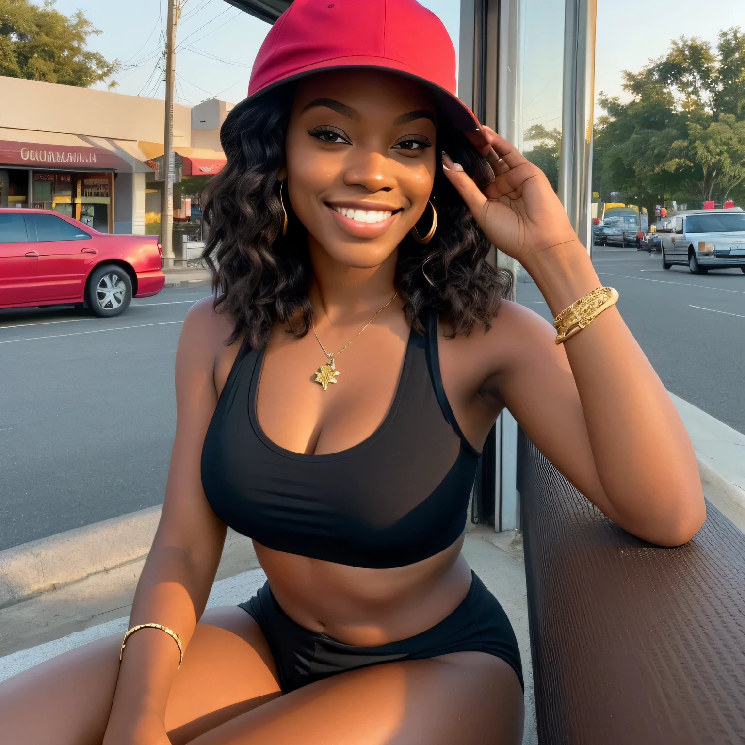 High quality deep ebony girl age 23, Ariel Danyluk body type, wearing long stylish lounge shorts with a gorgeous tank top showing cleavage and accessories such as a baseball hat and gold bangles. Sitting at a fast food place with few people, golden hour time, a busy street is seen outside the window , she is smiling without showing her teeth while string a pose for instagram and making a raNDOM GAng sign
