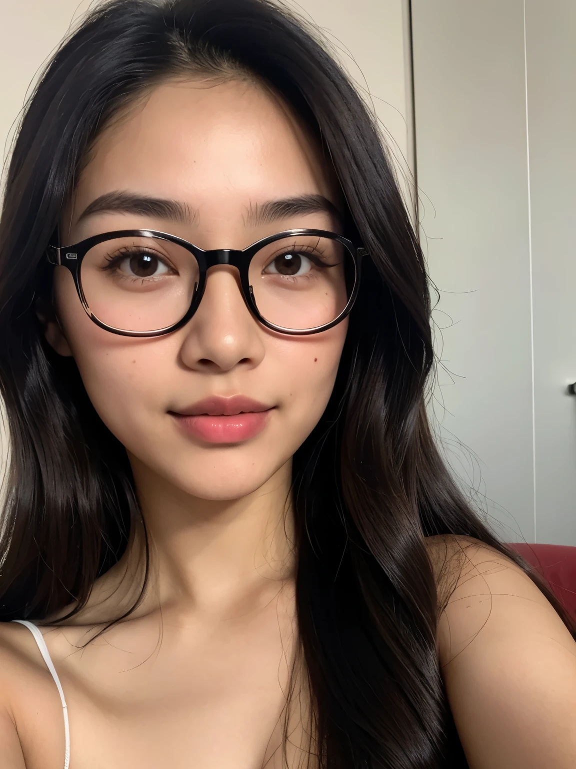 A Selfie of an Asian woman. 20 years old. (masterpiece) Beautiful. Tan skin tone. Best quality. Perfect face. High nose. Long, slanted eyes. Brown eyes. Glossy coral lips. Short wavy hair. perfect . (Ultra realistic). (Black oversized t-shirt). (Glasses). Smile. 