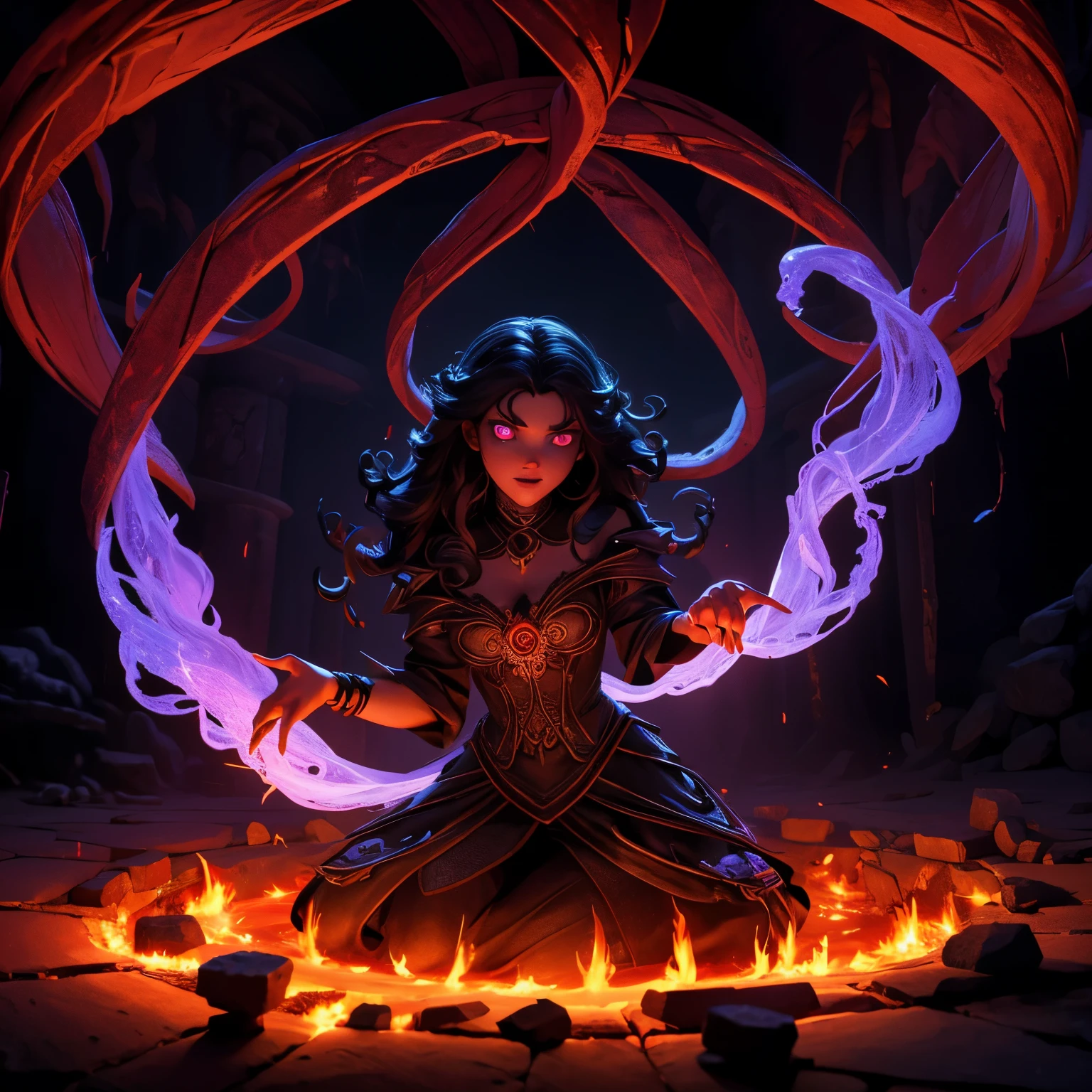 Intricate magic circle glowing with power, trapped succubus pleading for help, volcanic chamber, fiery red chamber walls, billowing smoke, intense heat, ancient runes inscribed on the floor, glowing symbols, flickering flames, ethereal atmosphere, mystical energy, desperate expression, fiery aura, sparks flying, intense red light, smoky tendrils, ominous presence, foreboding shadows, desperate cries for release, magical confinement, swirling vortex, ancient incantations, otherworldly imprisonment, intense emotional turmoil, flickering candle lights, dimly lit, smoldering embers, foreboding atmosphere, intense struggle, eerie silence, tendrils of energy, enchanted atmosphere, unsettling aura, shimmering barrier, intricate magical patterns, pulsating energy, dramatic tension.