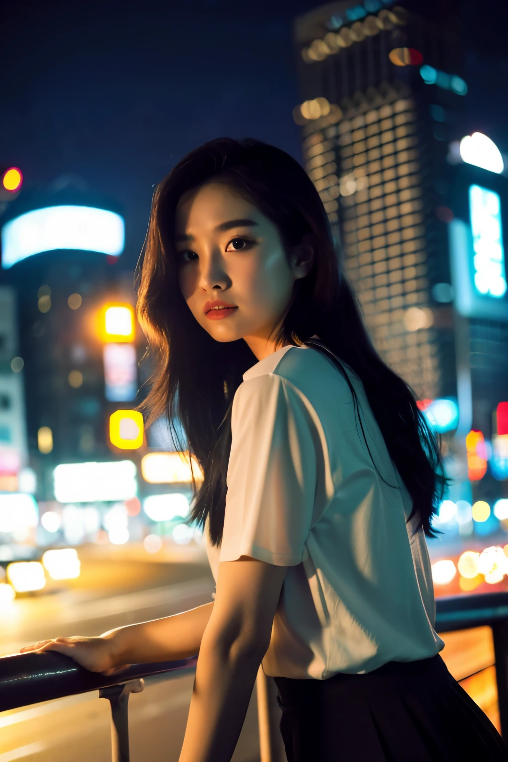 ((highest quality)), ((masterpiece)), (cinematic aesthetic:1.4) Beautiful Korean fashion model bokeh city night photo
