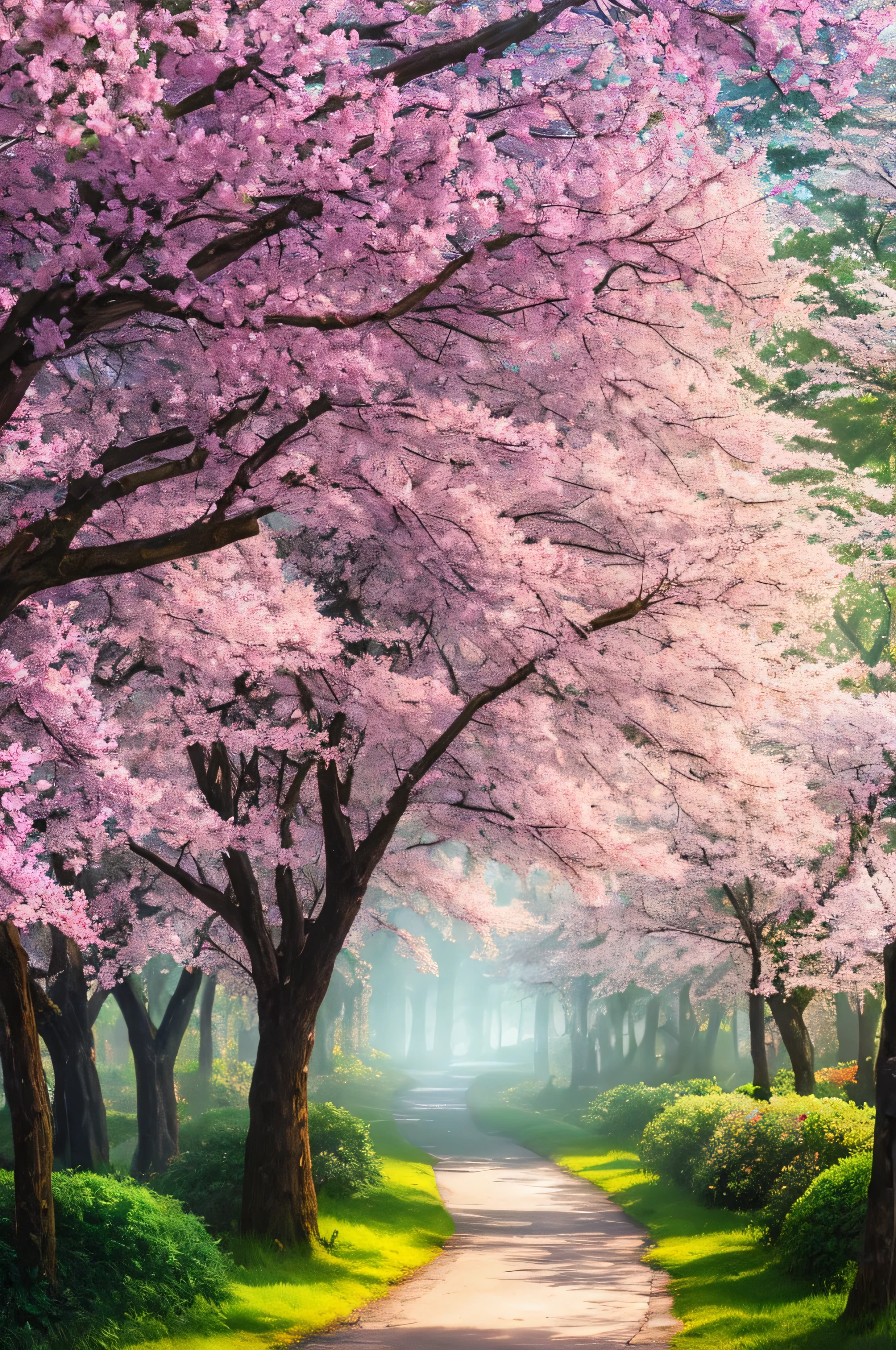masterpiece, best quality, high quality, extremely detailed 8k wallpaper of CG unit, a charming and dreamy scene of a lush forest of sakuras, with tall trees, creating a sense of mystique and enchantment, artistic station, digital illustration, intricate, trend, pastel colors, oil painting, award-winning photography, depth of field, HDR, flower, chromatic aberration, photorealistic, extremely detailed, trend in artstation, trend in CGsociety, intricate, high detail, dramatic, art in the middle of the journey, old tree, winding road, lakelet, cherry blossom tree, small lake next to the forest, tree tunnel, forsythia flower, sunshine