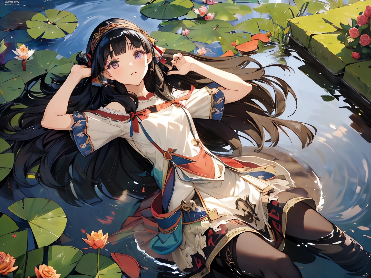 (masterpiece, absurd quality, best quality, official art, beautiful and aesthetic:1.2), 16K, cute petit girl, extreme detailed, digital art, colorful, highest detailed, vivid color, by famous artist, (transform sequence), dynamic angle, landscape, scenery, flower, deep pond, dim , (Sink in the pond:1.3), (soro:1.5), (1girl:1.5), lipstick, eyelashes, extremely detailed face, eyelashes, extremely detailed face, (perfect legs, perfect hands, perfect anatomy：1.1), depth of field, beautiful lighting, (floating hair:1.3), detailed skin, shiny, (suspended:1.5), (Uplifting:1.5), shiny skin, shiny hair, shiny face, shiny skin, charshall2, (voluminous frills skirt,:1.5) ,(voluminous panniers in skirt:1.5), (sexual feeling:1.5), full body, (from above:1.2), (lie down on the pond:1.5), (wet clothes:1.2), pantyhose, (very wide shot:1.5),