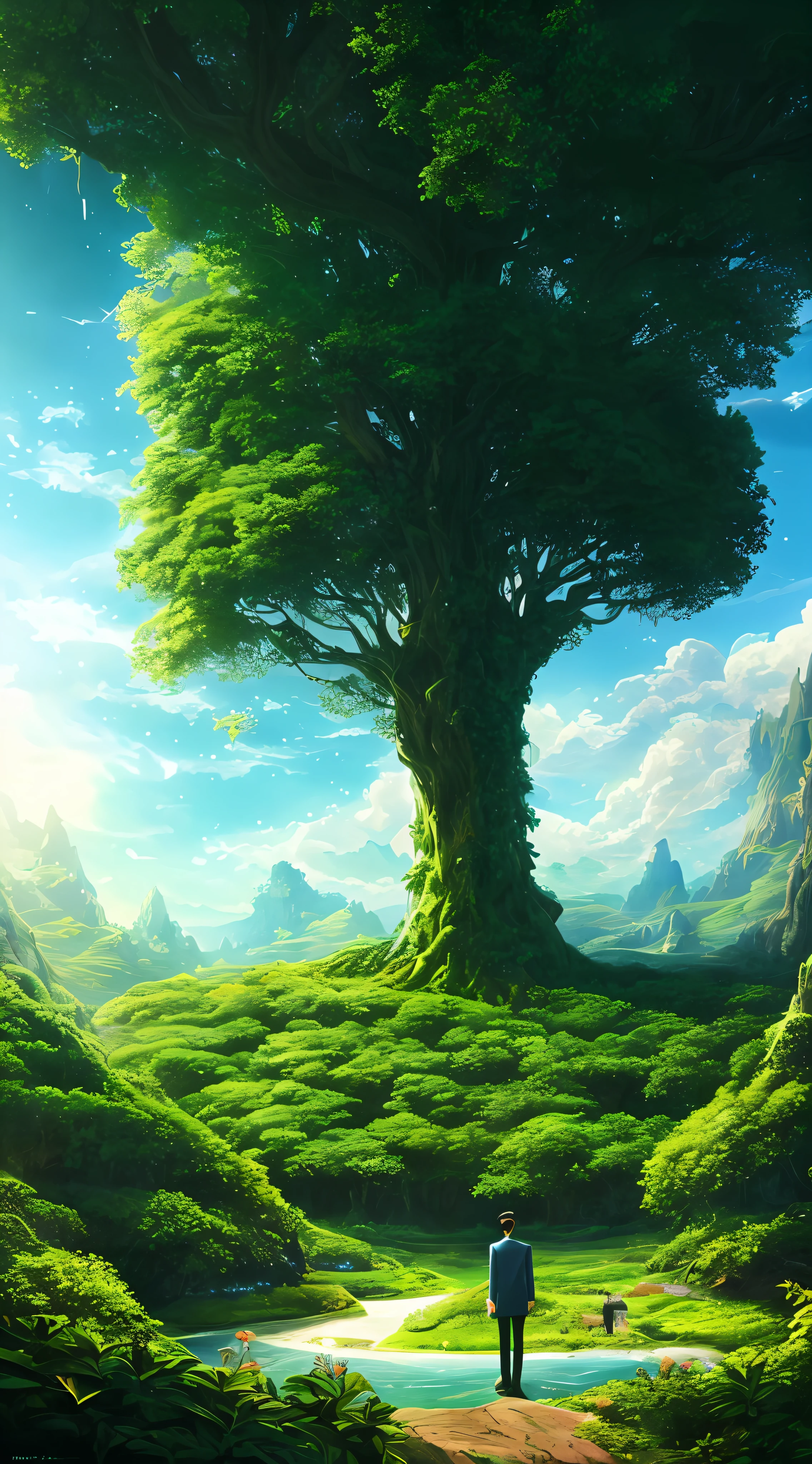 A surrealist one、Otherworldly、Illustration of the super sky scene,Including a huge crystal tree all over the body、A young man looks up at the tree、Very detailed and magical lighting、Intricate forest details、Vegetation and surrounding rivers、Solar punk、scenecy、giant tree、Beautiful green leaves、Beautiful lighting and realistic proportions,As if it were a movie backdrop,8k,HighestQuali,tmasterpiece,Clouds and stars in the sky。