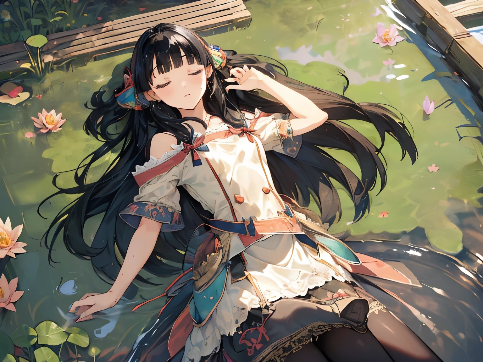 (masterpiece, absurd quality, best quality, official art, beautiful and aesthetic:1.2), 16K, cute petit girl, extreme detailed, digital art, colorful, highest detailed, vivid color, by famous artist, (transform sequence), dynamic angle, landscape, scenery, flower, deep pond, dim , (floating on the pond), (soro:1.5), (1girl:1.5), lipstick, eyelashes, extremely detailed face, eyelashes, extremely detailed face, (perfect legs, perfect hands, perfect anatomy：1.1), depth of field, beautiful lighting, (floating hair:1.3), detailed skin, shiny, (suspended:1.5), (Uplifting:1.5), shiny skin, shiny hair, shiny face, shiny skin, charshall2, (voluminous frills skirt,:1.5) ,(voluminous panniers in skirt:1.5), (sexual feeling:1.5), full body, (from above:1.2), (lie down on the pond:1.5), closed eyes, (wet clothes:1.2), pantyhose, very wide shot, (sleeping:1.3)