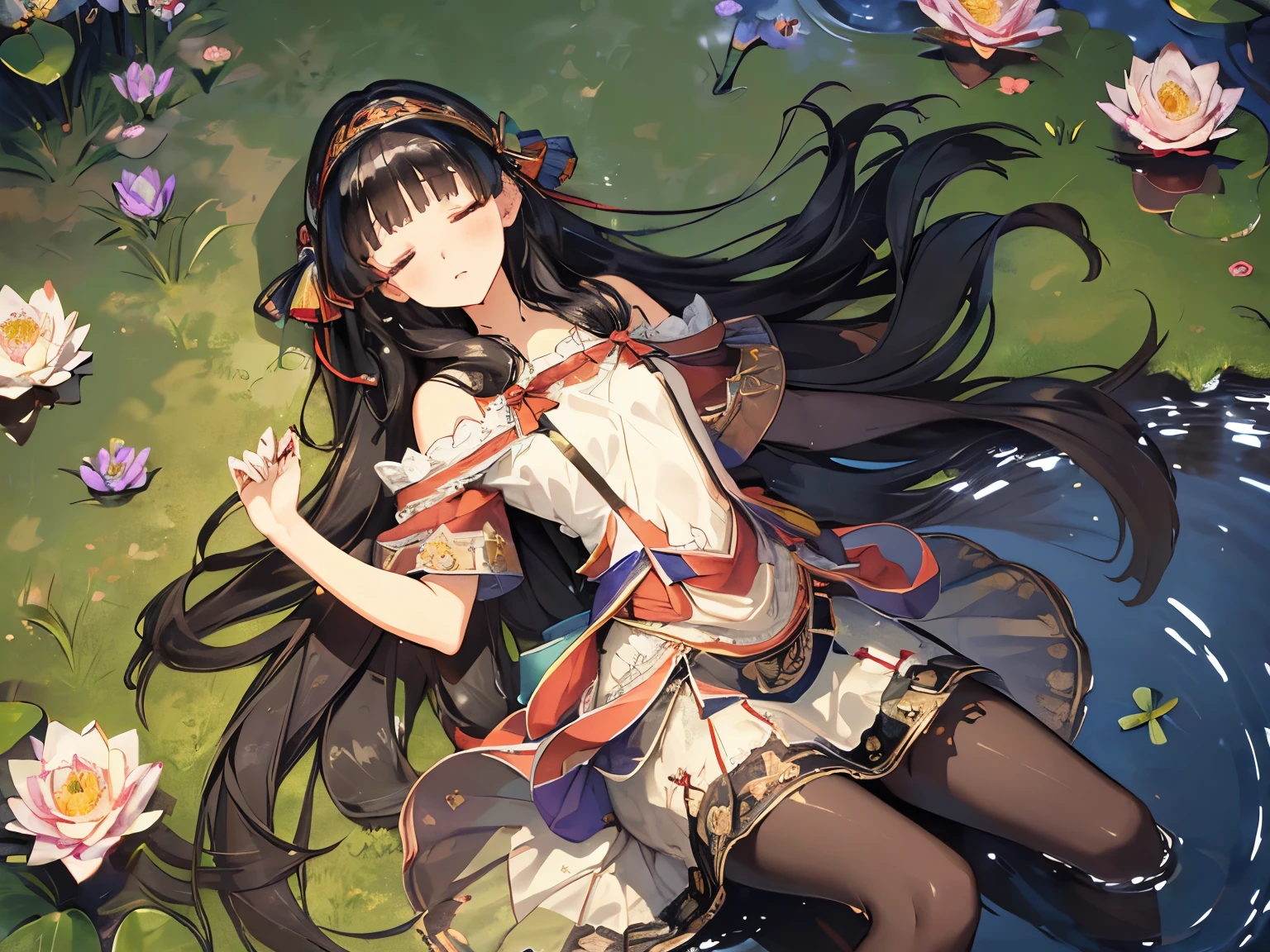 (masterpiece, absurd quality, best quality, official art, beautiful and aesthetic:1.2), 16K, cute it girl, extreme detailed, digital art, colorful, highest detailed, vivid color, by famous artist, (transform sequence), dynamic angle, landscape, scenery, flower, deep pond, dim , (floating on the pond), (soro:1.5), (1girl:1.5), lipstick, eyelashes, extremely detailed face, eyelashes, extremely detailed face, (perfect legs, perfect hands, perfect anatomy：1.1), depth of field, beautiful lighting, (floating hair:1.3), detailed skin, shiny, (suspended:1.5), (Uplifting:1.5), shiny skin, shiny hair, shiny face, shiny skin, charshall2, (voluminous frills skirt,:1.5) ,(voluminous panniers in skirt:1.5), (sexual feeling:1.5), full body, (from above:1.2), (lie down on the pond:1.5), closed eyes, (wet clothes:1.2), pantyhose, very wide shot, (sleeping:1.3)