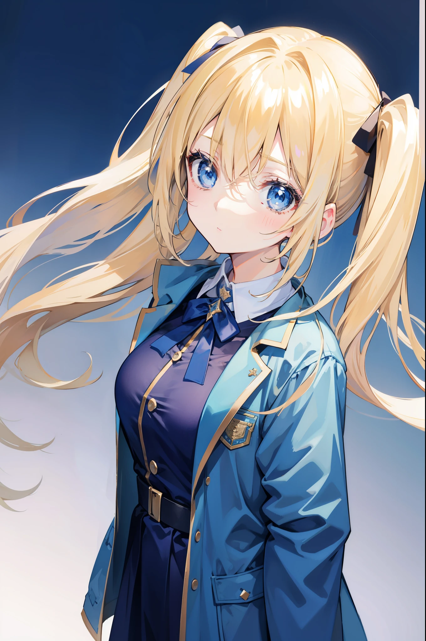 blonde blue eyes、wear a jacket uniform，sweet girl、 girl、small breasts、twin tails